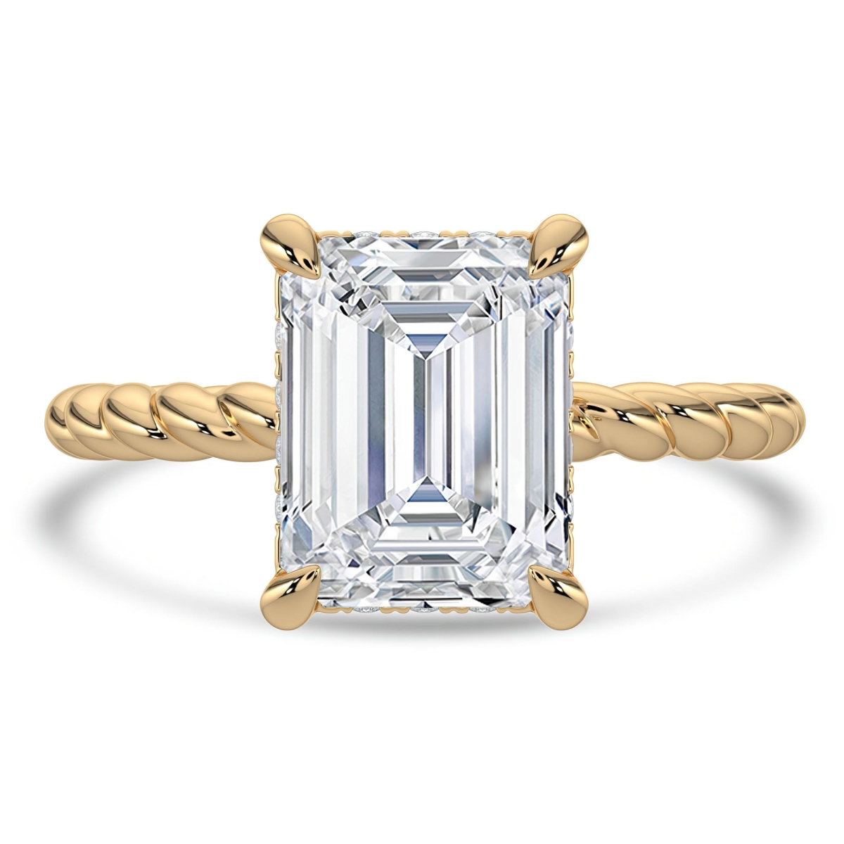 MD250403-4.5 2.6 CTW Emerald Lab Created Diamond Hidden Halo Solitaire with Accents Twisted Band Engagement Ring - 14K Yellow Gold - Size 4.5