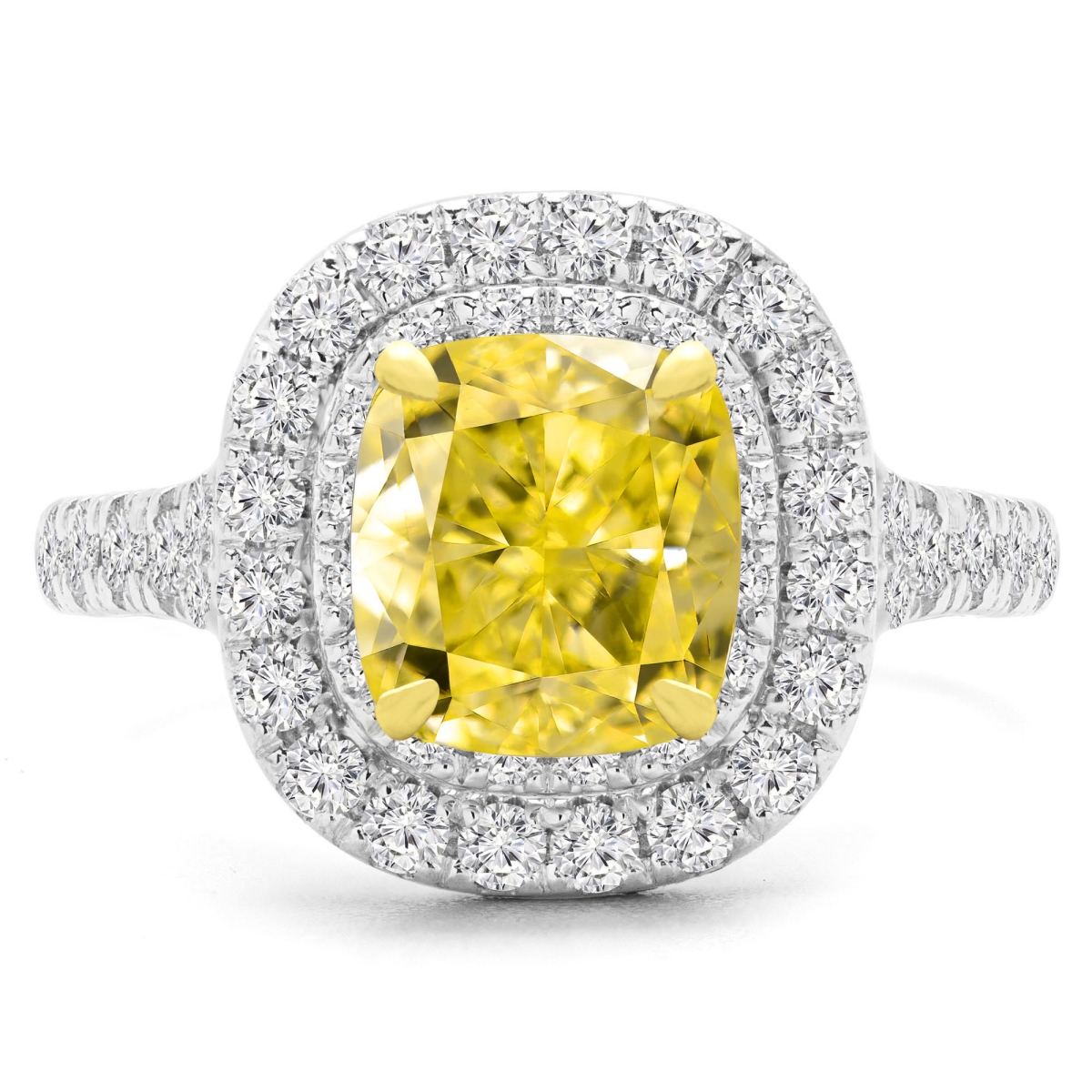 MD250036-7.5 2.87 CTW Vivid Yellow Diamond Cathedral Double Cushion Halo Engagement Ring with Accents - 14K White Gold - Size 7.5