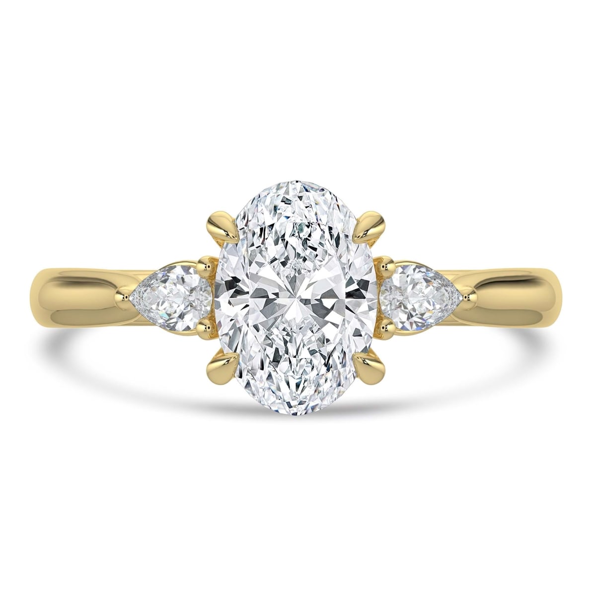 MD250175-3 1.5 CTW Oval Lab Created Diamond Cathedral Three-Stone Engagement Ring with Pear Side Stones - 14K Yellow Gold - Size 3