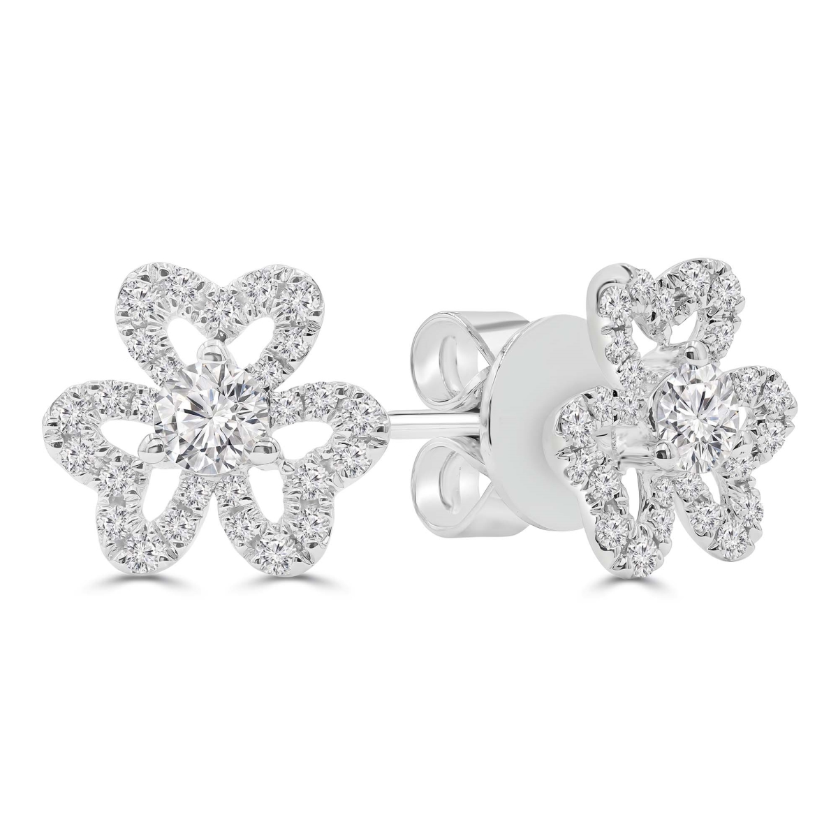 MD250380 0.33 CTW Round Diamond Clover Floral Stud Earrings - 18K White Gold