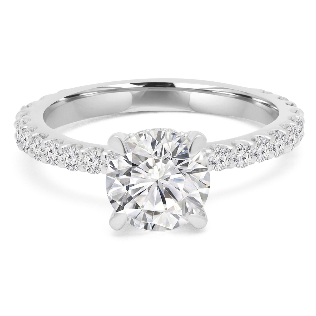 MD240456-4 1.75 CTW Round Lab Created Diamond Shared Prong Hidden Halo Solitaire with Accents Engagement Ring - 14K White Gold - Size 4