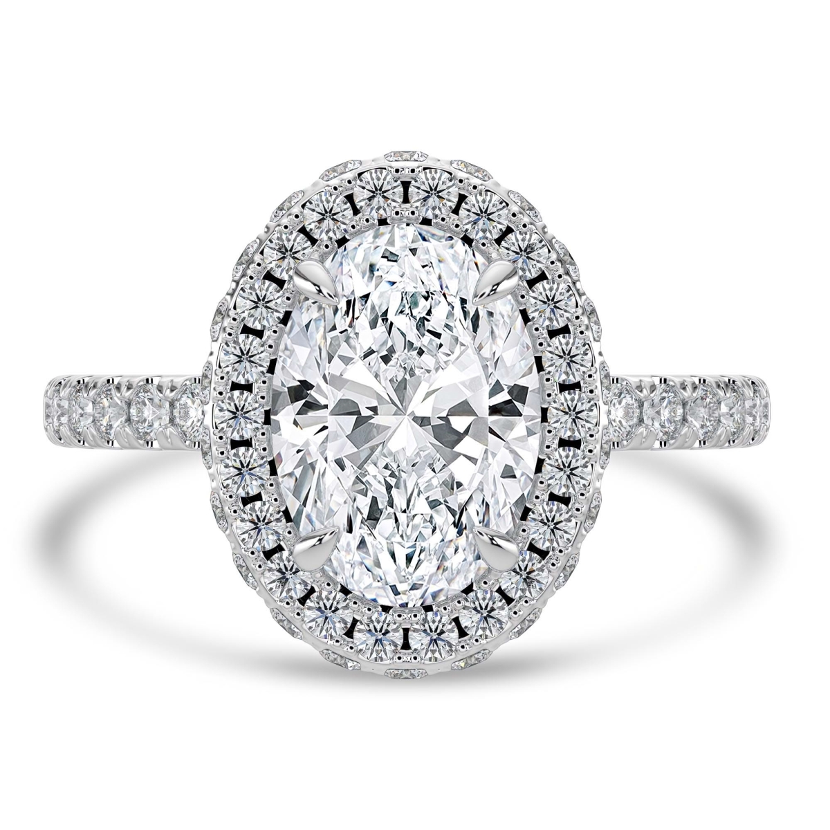 MD250198-7.5 3.5 CTW Oval Lab Created Diamond Rollover Halo Engagement Ring with Accents - 14K White Gold - Size 7.5
