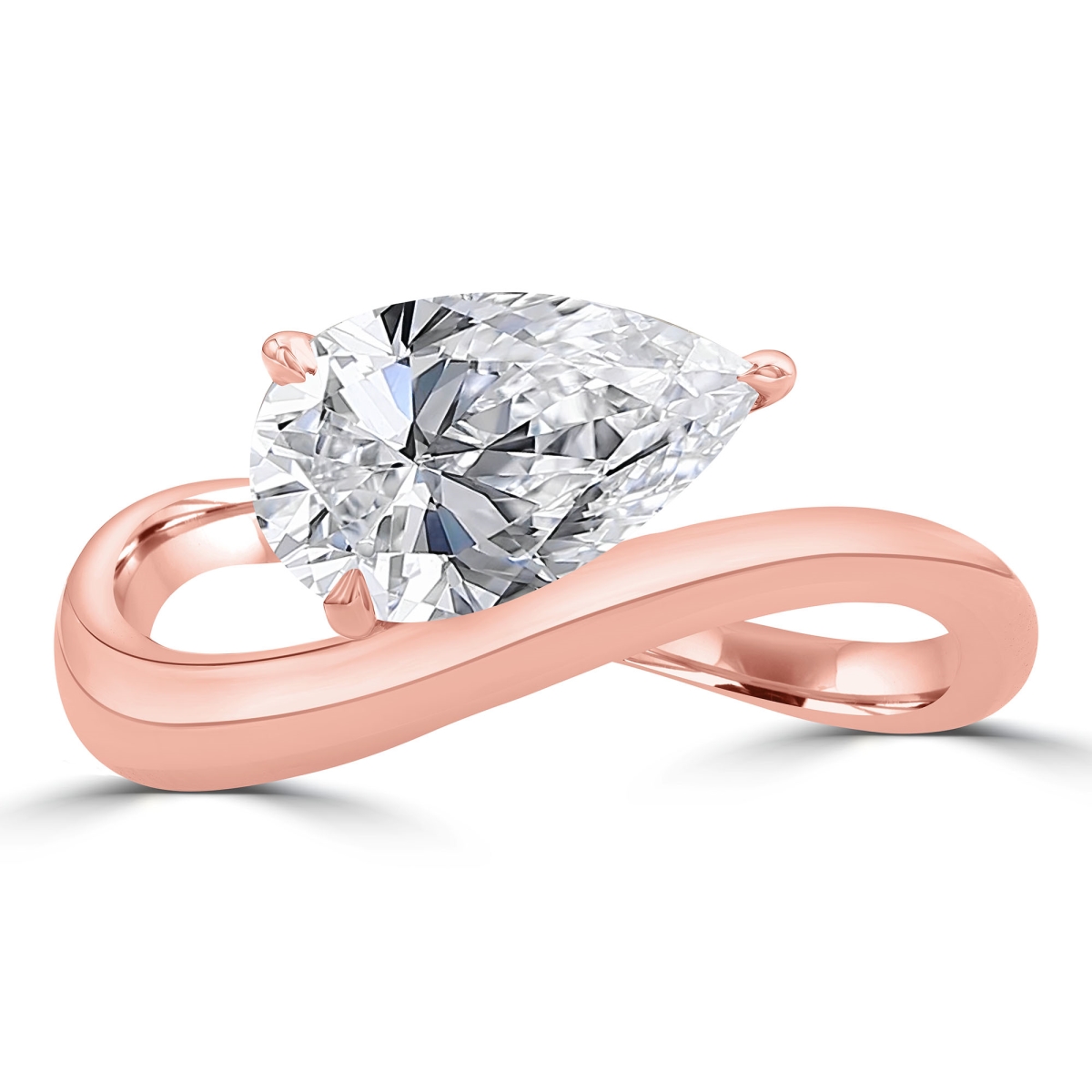 MD250297-5.5 1.5 CTW Pear Lab Created Diamond Curved Offset Solitaire Engagement Ring - 14K Rose Gold - Size 5.5