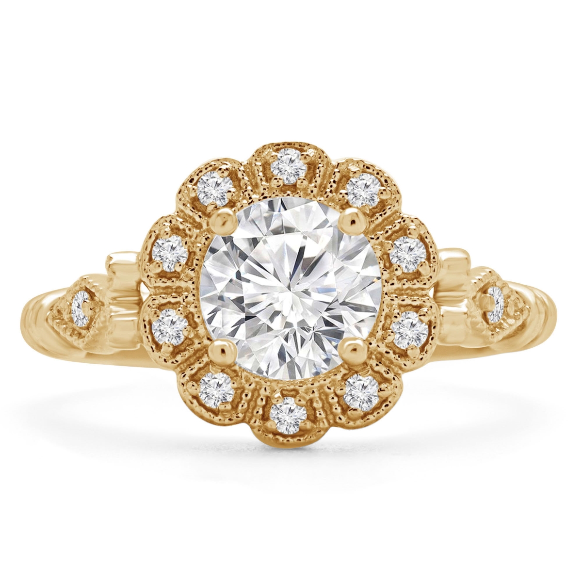 MD240460-4 0.6 CTW Round Lab Created Diamond Vintage Cathedral Floral Halo Engagement Ring - 14K Yellow Gold - Size 4