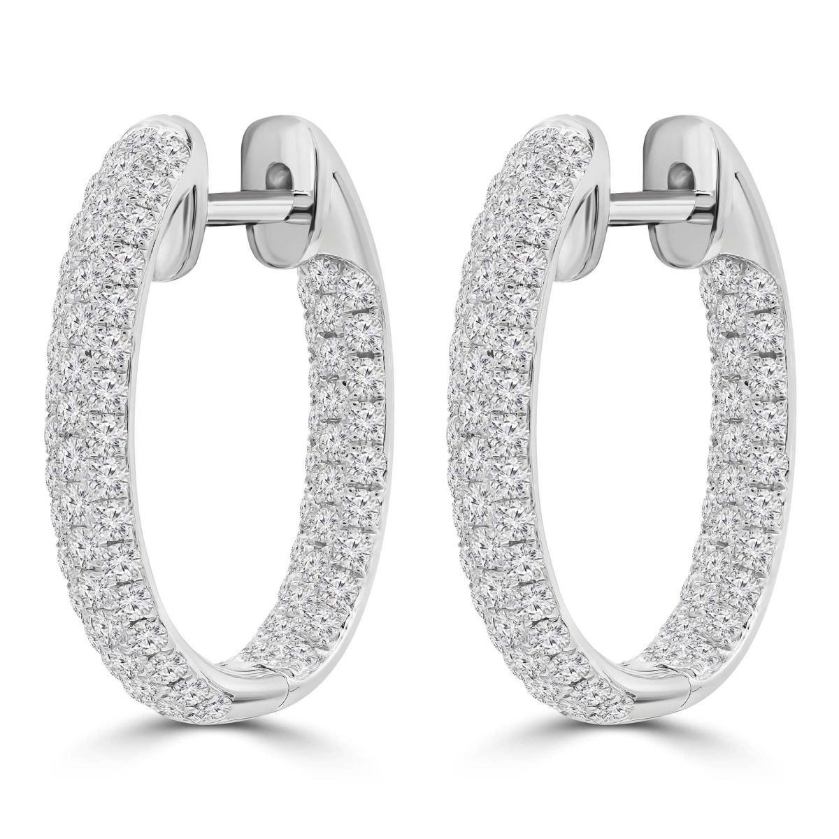 MD250357 1.37 CTW Round Diamond Inside Outside 3-Row Oval Huggie Earrings - 18K White Gold