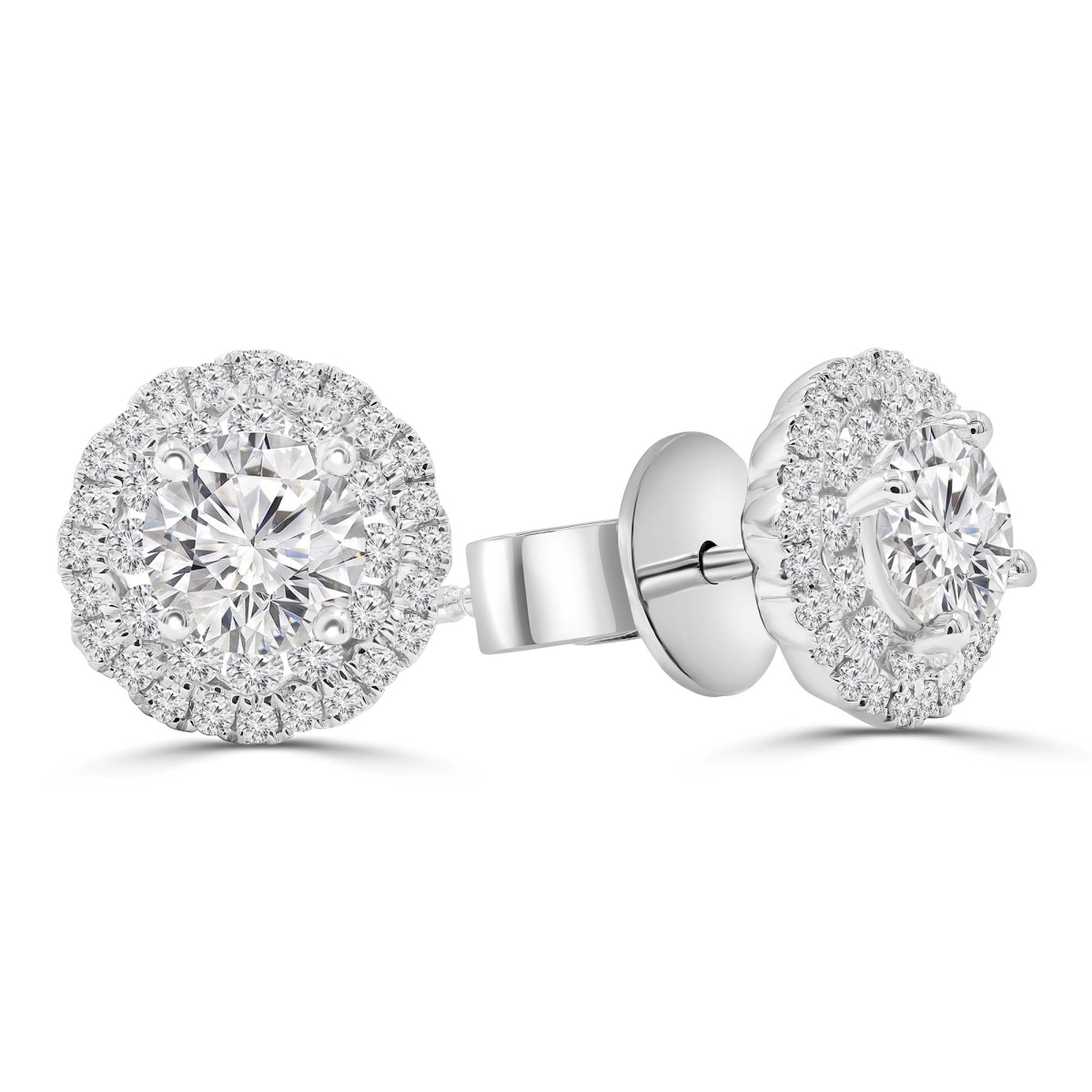 MD250361 0.87 CTW Round Diamond Halo Stud Earrings - 18K White Gold