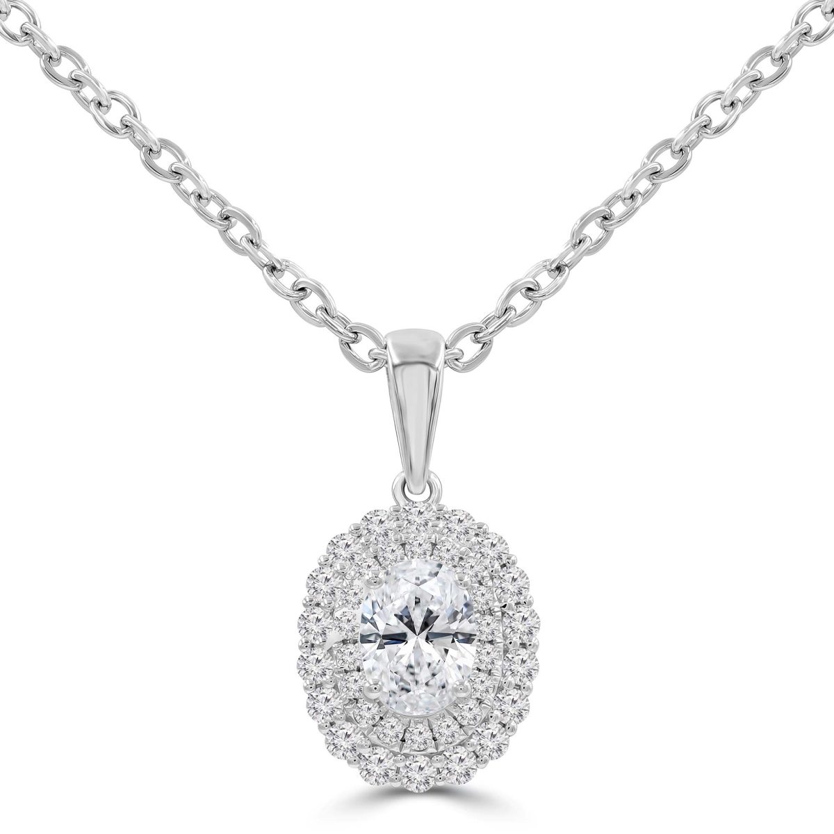 MD250344 0.66 CTW Oval Diamond Double Halo Solitaire with Accents Pendant Necklace - 18K White Gold