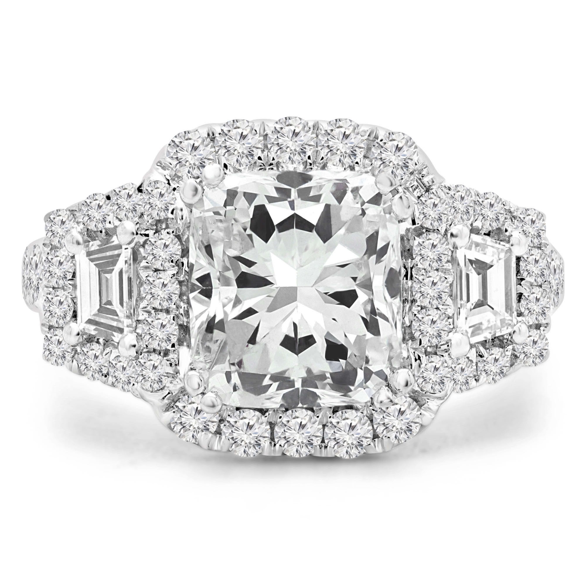 3.6 CTW Cushion Lab Created Diamond Vintage Split-Shank Three-Stone Halo Engagement Ring with Heart Decal Profile - 18K White Gold - Size 3.5