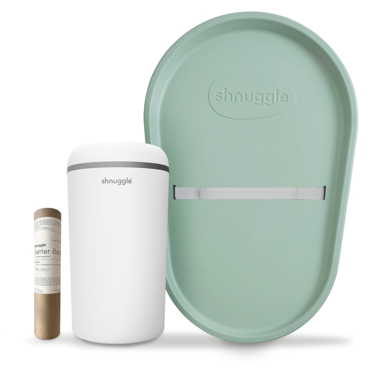 Changing Essentials Kit: Shnuggle Changing Mat + Diaper Pail + Better Bag Liners (90 Day Supply) - Eucalytus