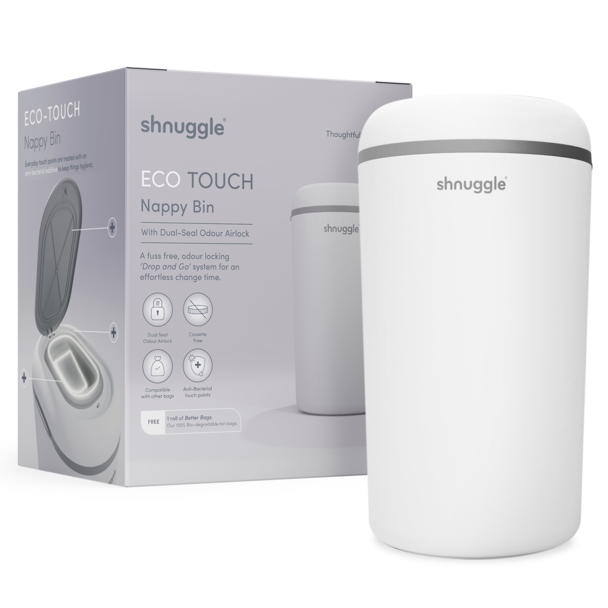 Shnuggle Eco-Touch Nappy Bin Diaper Pail - White