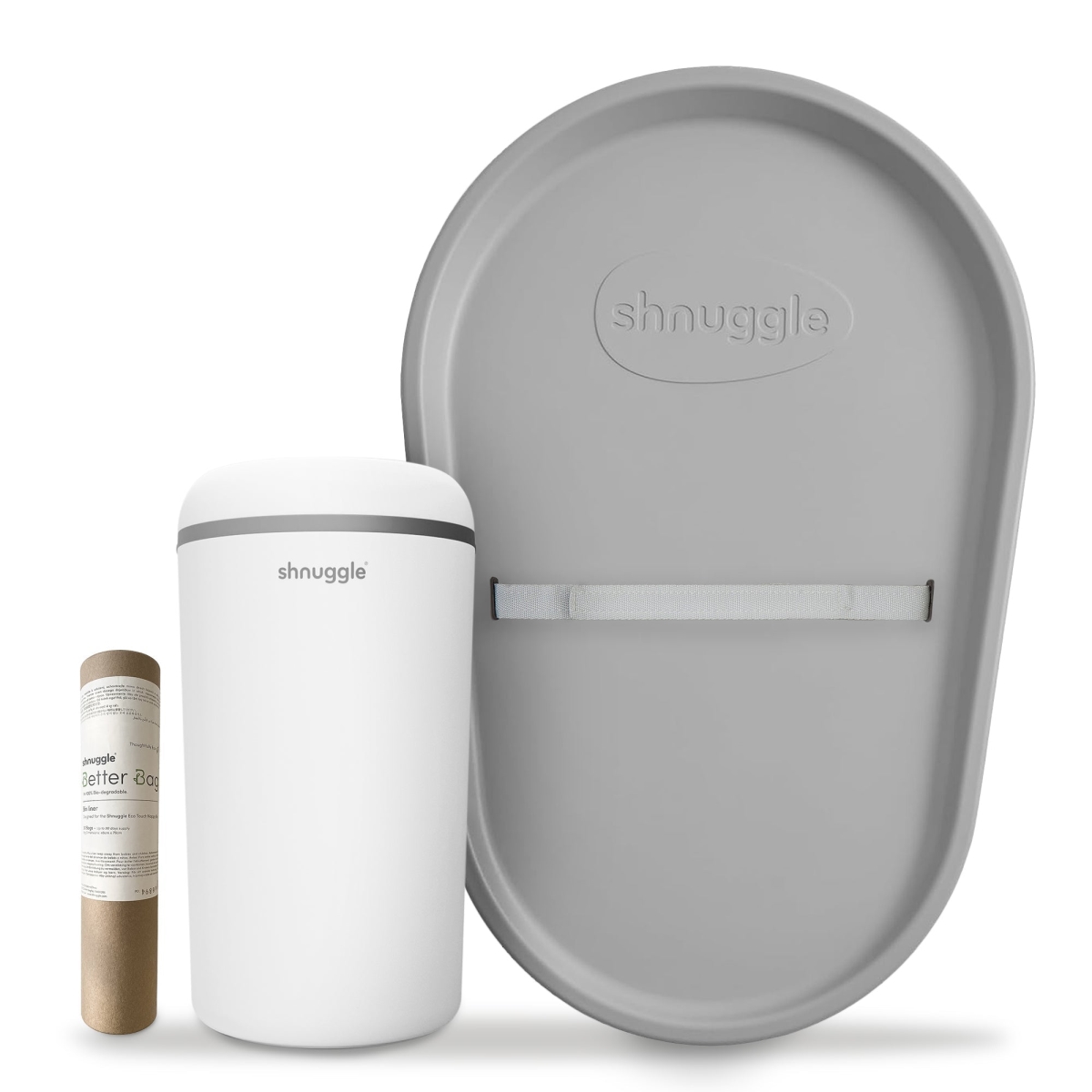 Changing Essentials Kit: Shnuggle Changing Mat + Diaper Pail + Better Bag Liners (90 Day Supply) - Gray