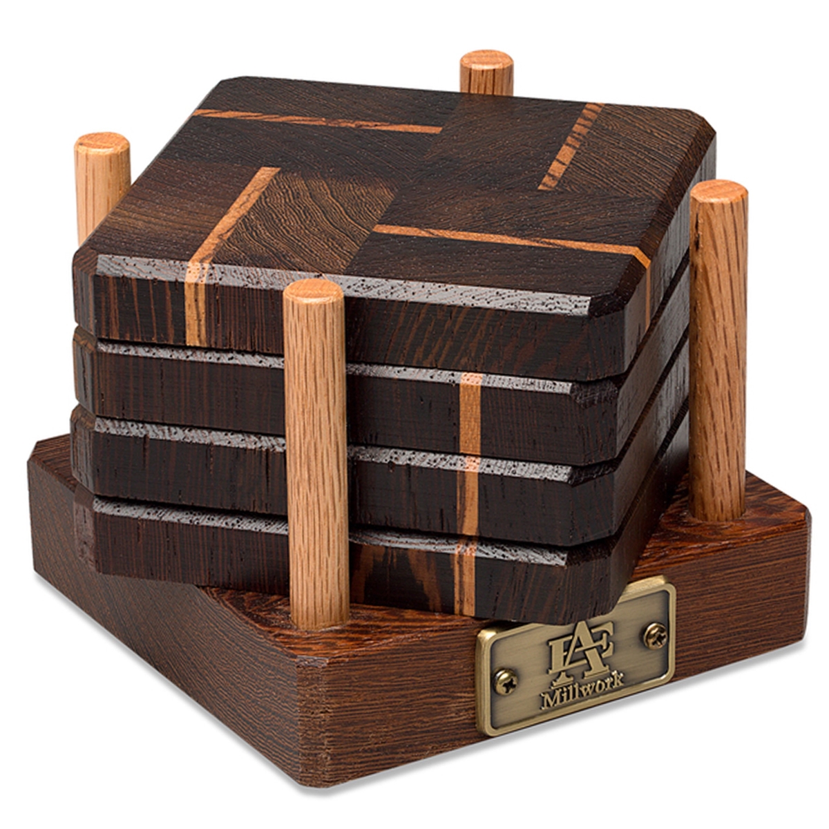 Picture of A & E Millwork AEM-5012 Wenge & Tiger Wood Coasters End Grain with Base - Set of 4