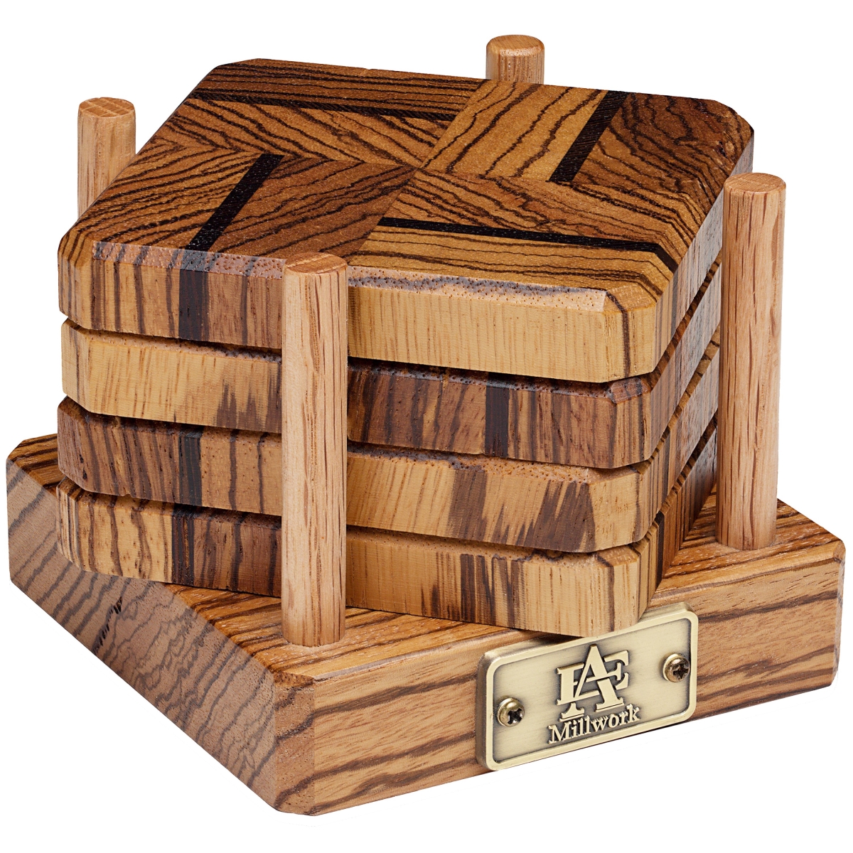 Picture of A & E Millwork AEM-5016 Tiger & Wenge Wood Coasters End Grain with Base - Set of 4