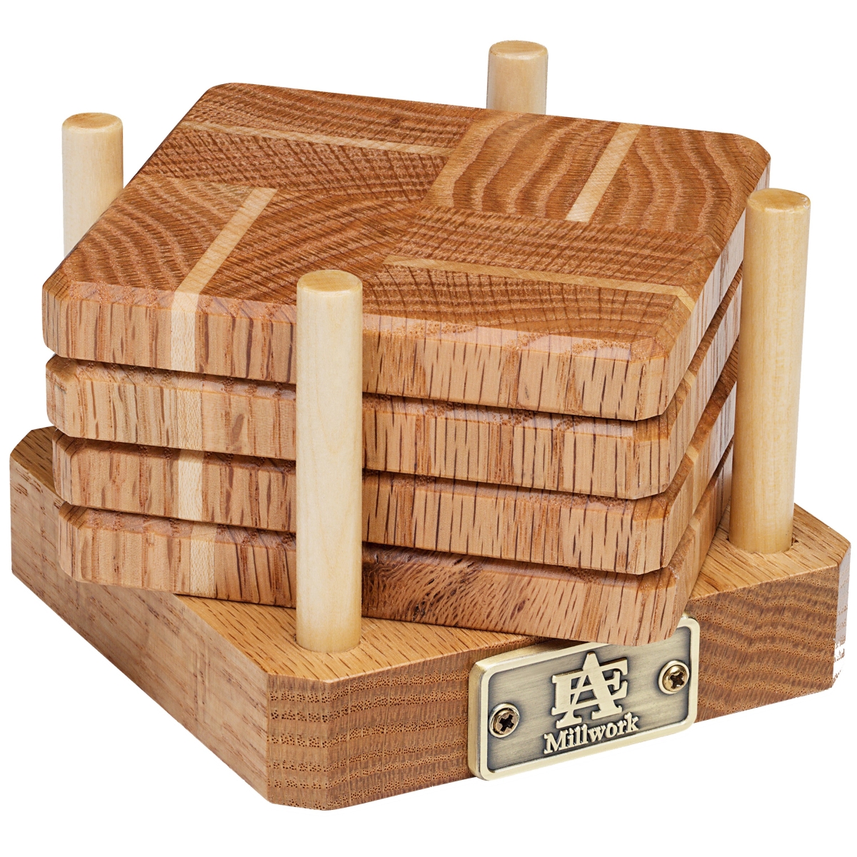 Picture of A & E Millwork AEM-5018 Oak & Maple Wood Coasters End Grain with Base - Set of 4