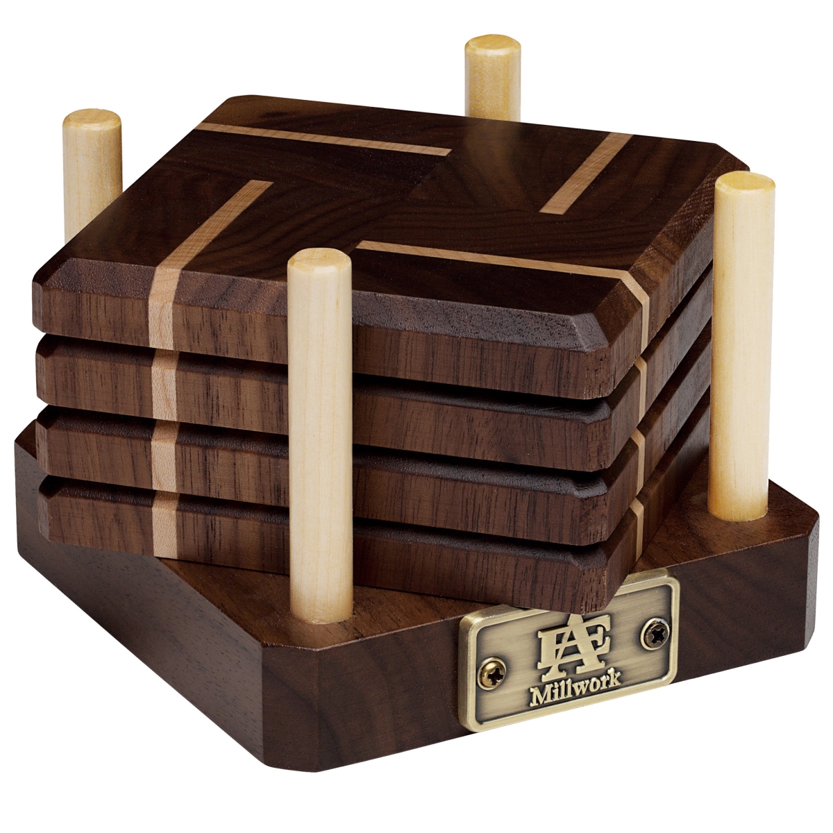 Picture of A & E Millwork AEM-5014 Walnut & Maple Wood Coasters End Grain with Base - Set of 4