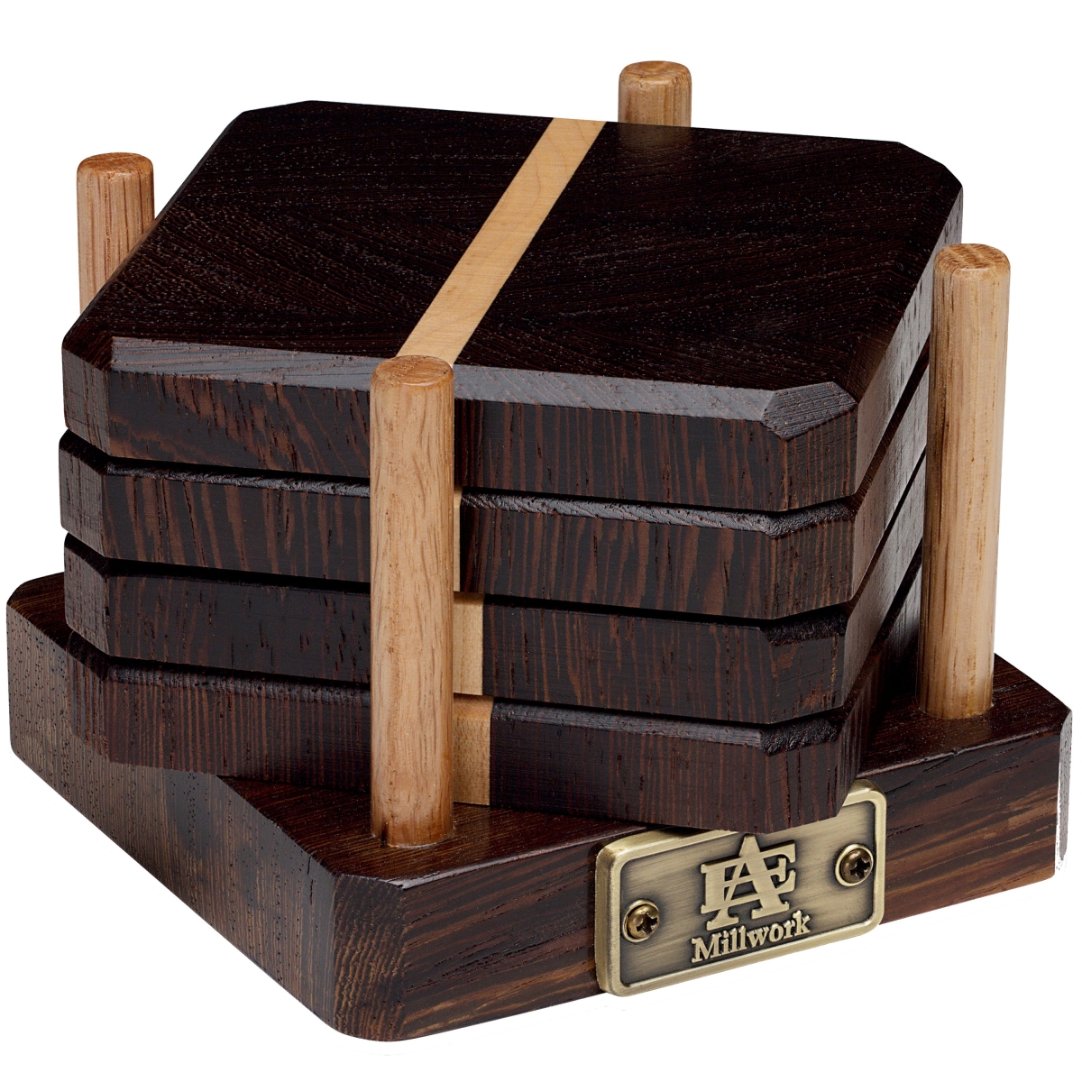 Picture of A & E Millwork AEM-5006 Wenge & Maple Wood Coasters End Grain with Base - Set of 4