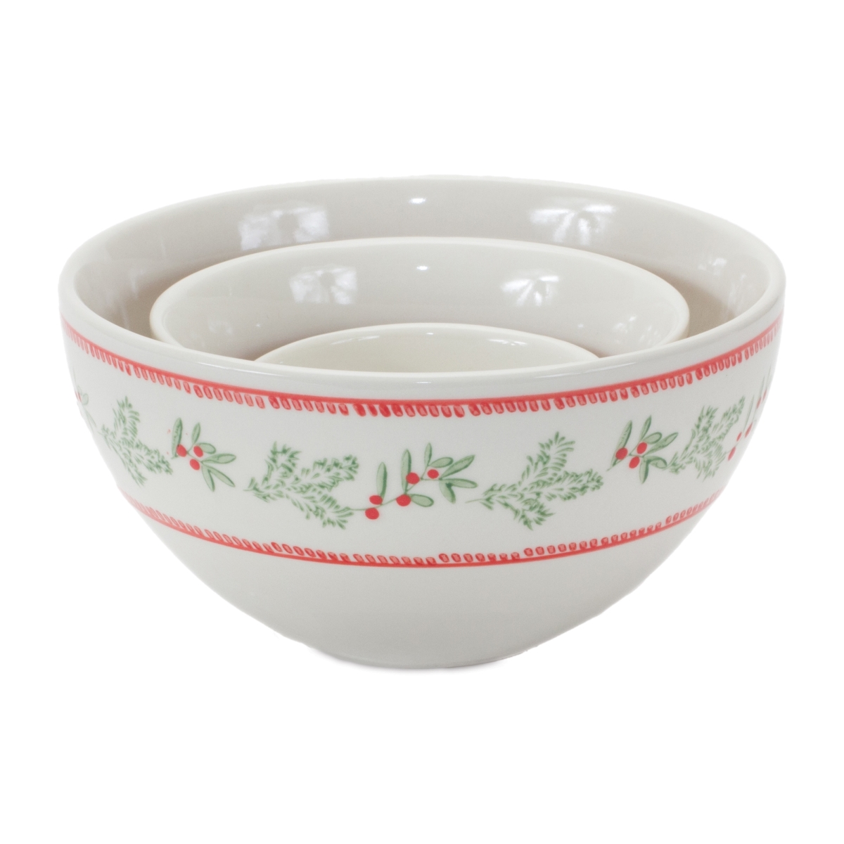 Stoneware Mistletoe Bowls - White with Red Accents - Set of 3 - Festive Design