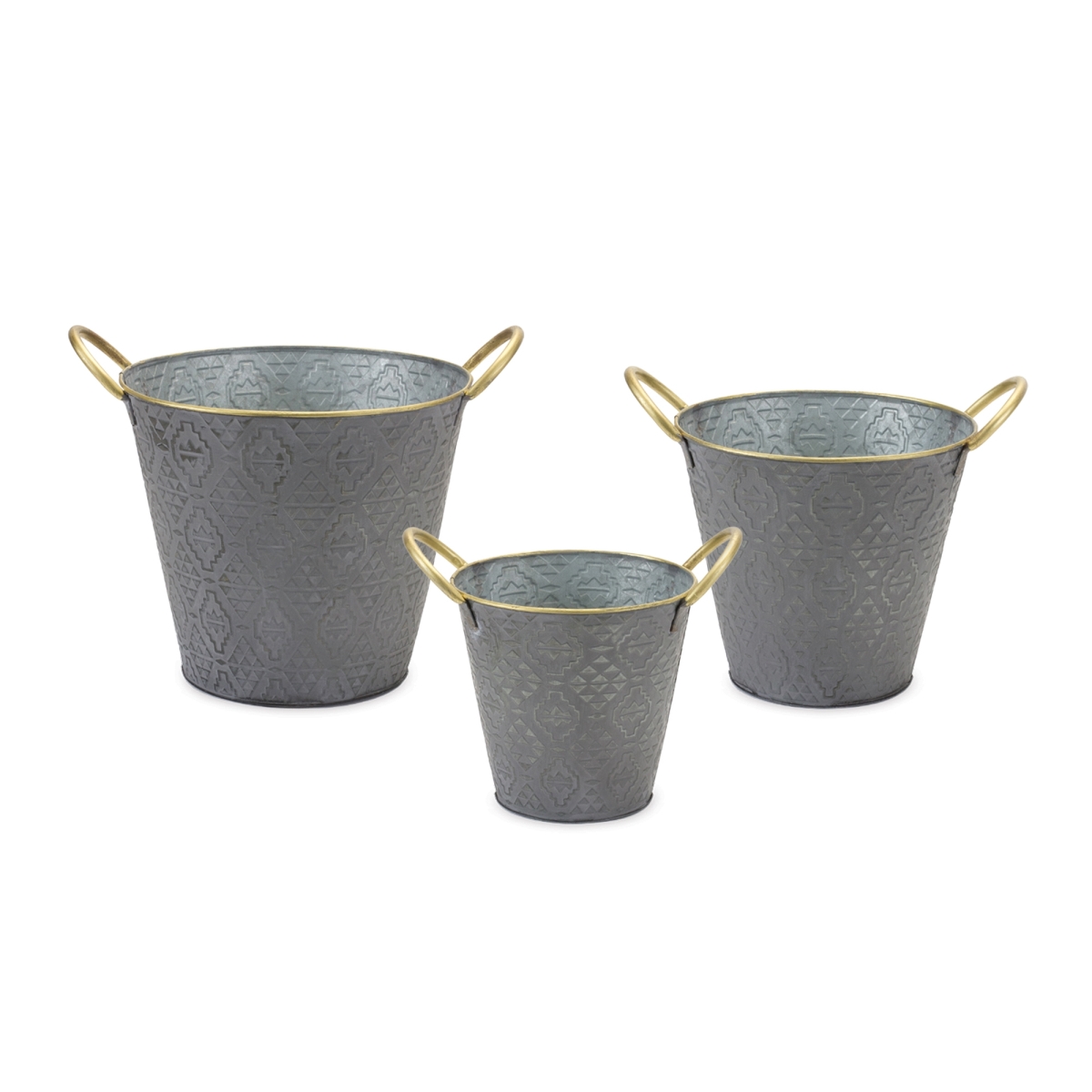 Metal Aztec Pail Planter Set - Distressed Grey with Gold Accents