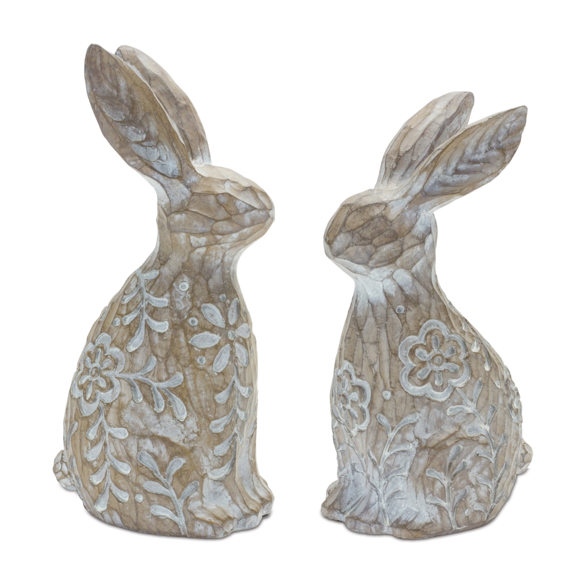 Floral Carved Rabbit Figurine - Set of 2