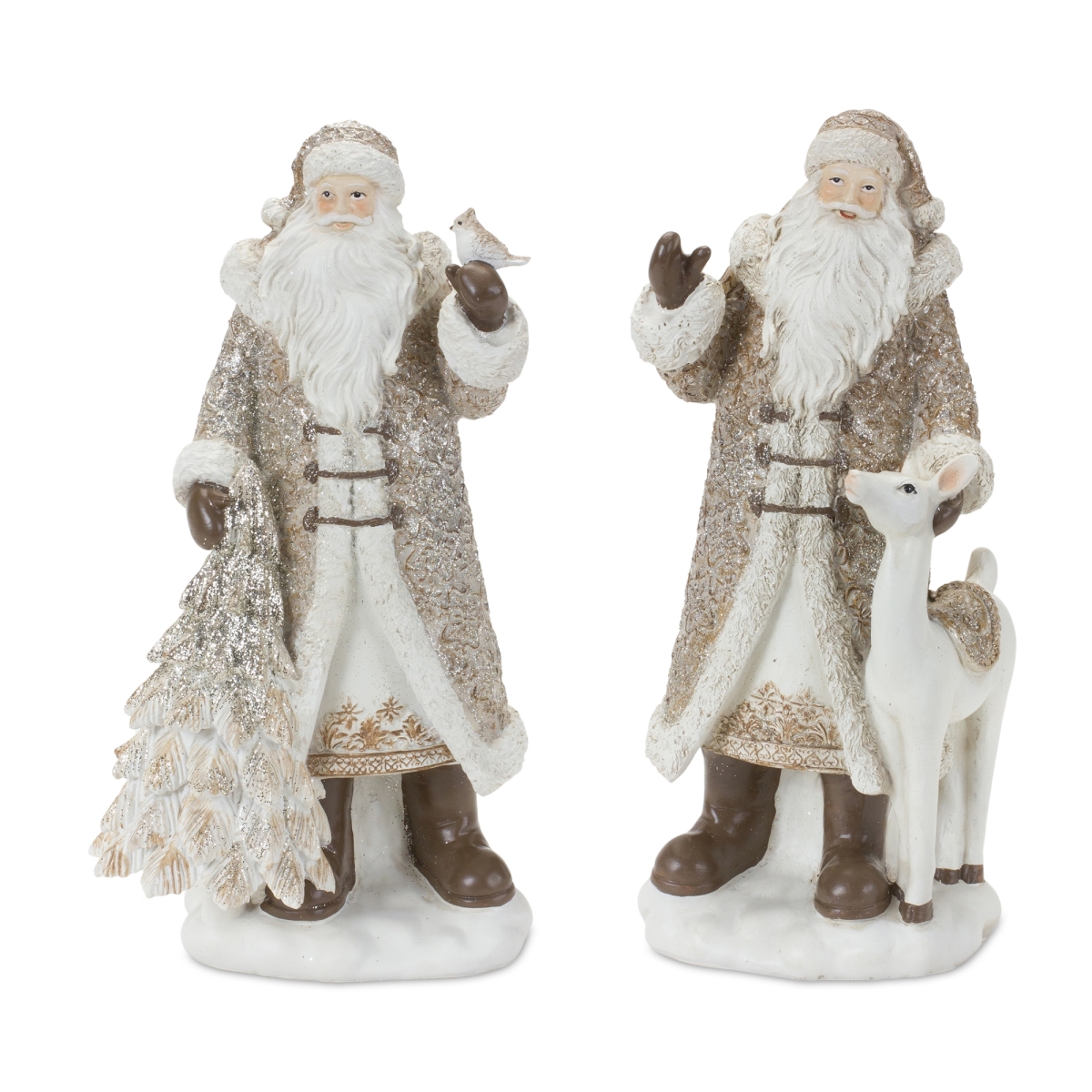 86718DS Santa Figurine with Deer & Pine Tree Accents - Set of 2