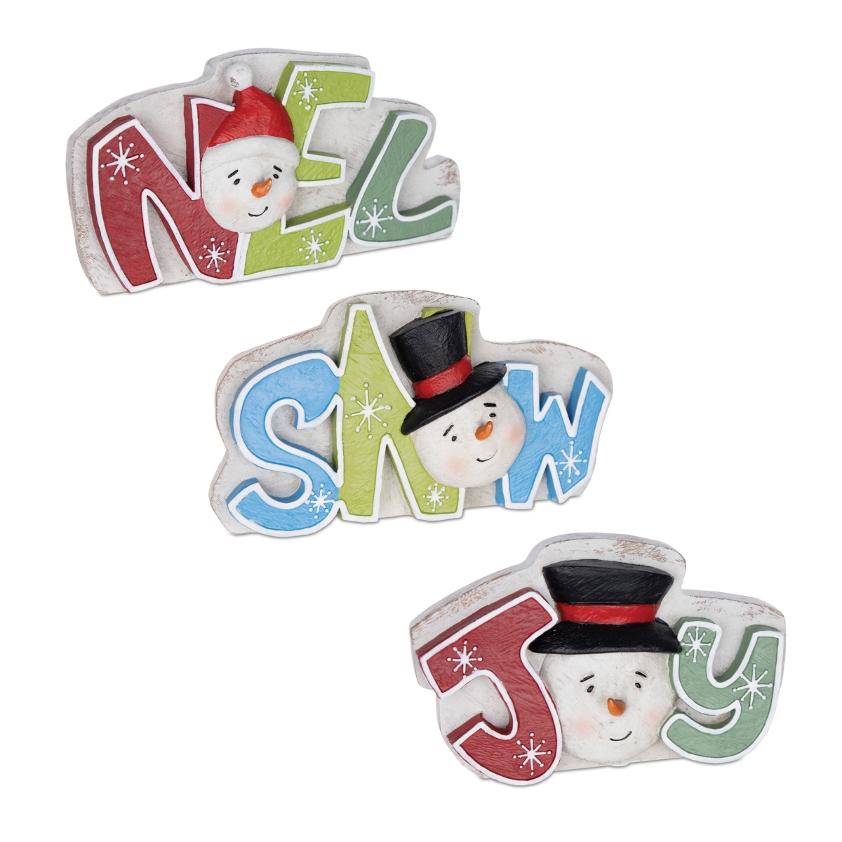 86077DS 7 x 4.25 in. Resin Joy, Snow, Noel Sign, Blue & Green - Set of 3
