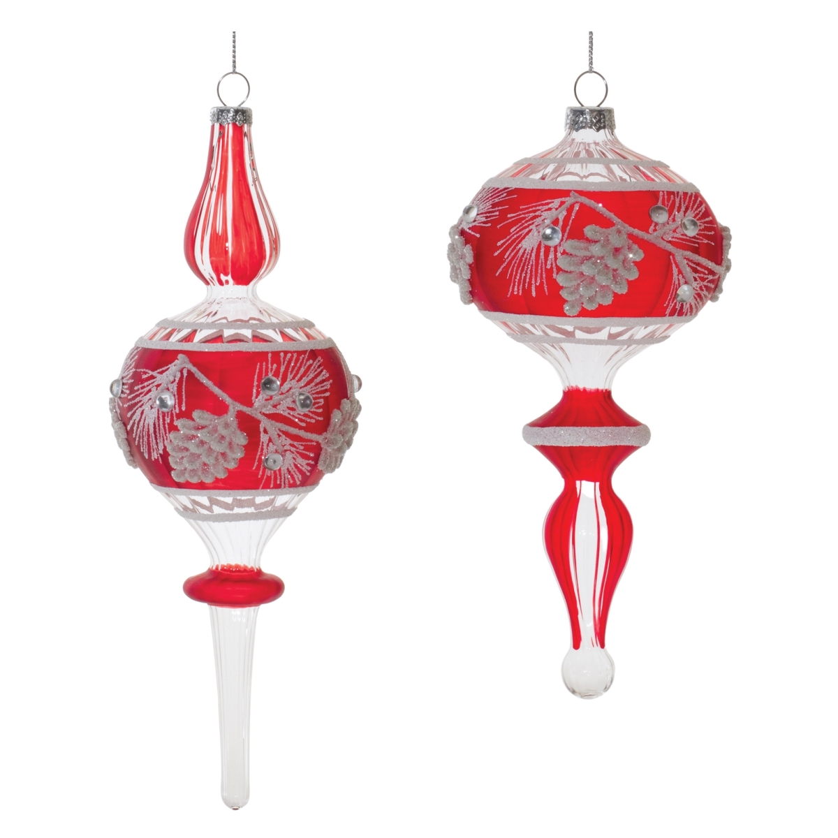 7.75 & 9 in. Glass Drop Ornament, Red & White - Set of 6