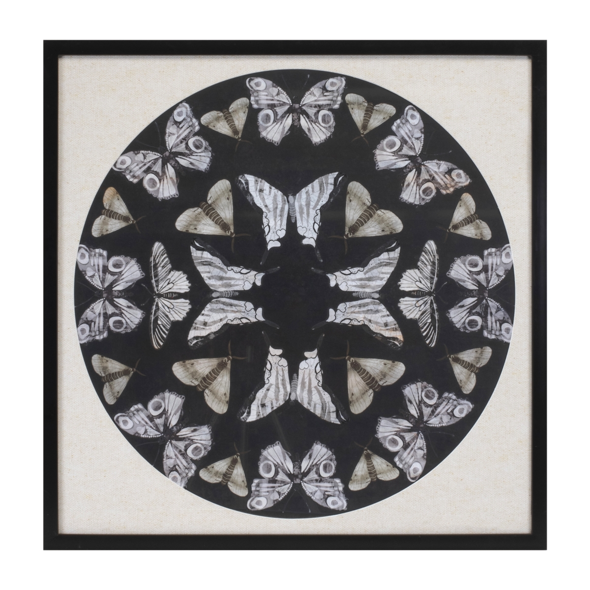 25 in. Square Plastic, Paper & Glass Butterfly Print Wall Decor, Black & Beige