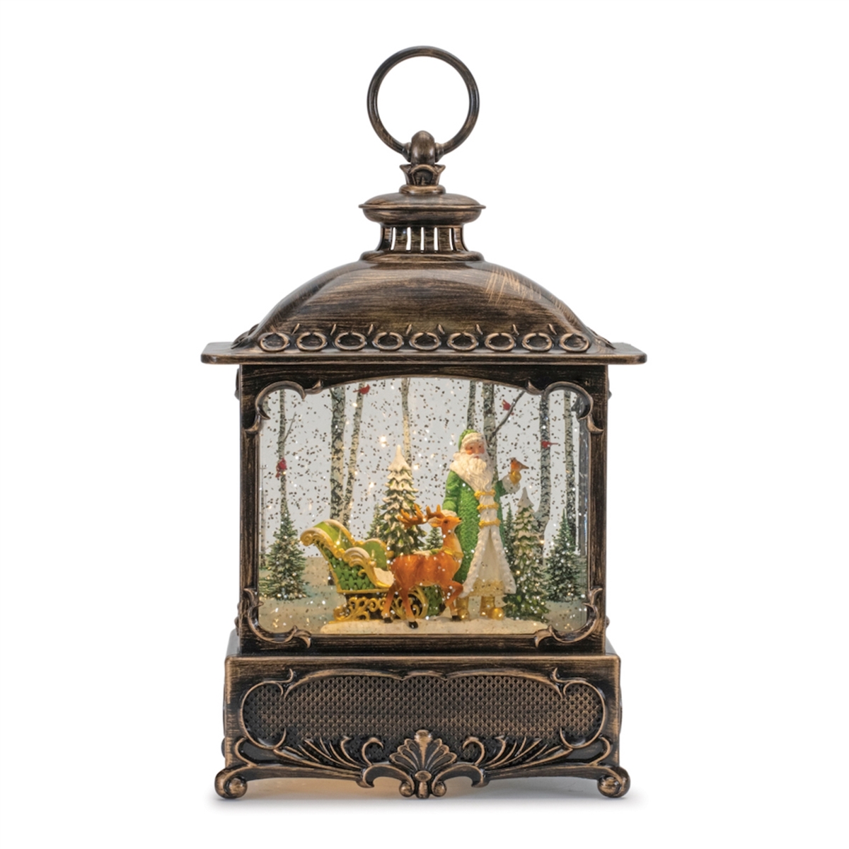 90061DS 10.5 in. Plastic 6 Hour Timer LED Snow Globe with Santa & Sleigh Bronze, Green