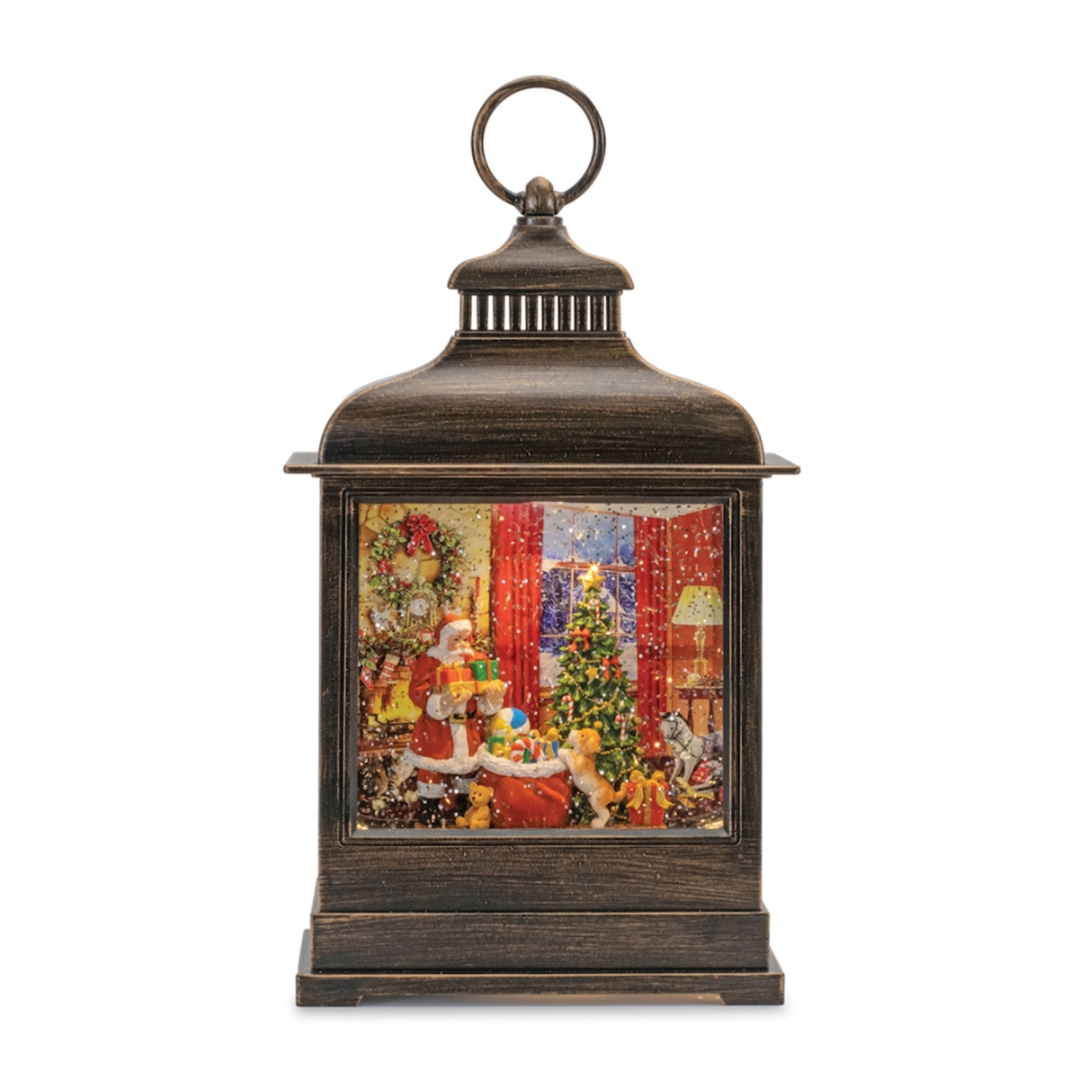 11 in. Plastic 6 Hour Timer LED Snow Globe with Santa & Tree Bronze, Red