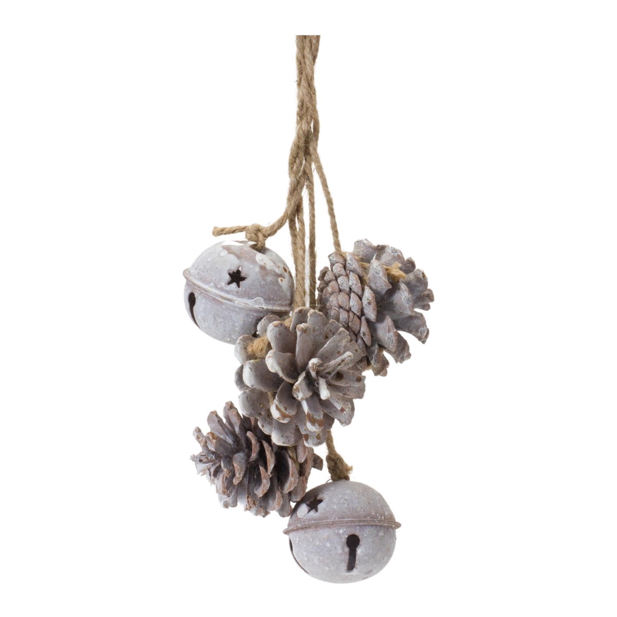 14 in. Iron & Cone Bell & Pine Cone Ornament, Brown & White - Set of 6