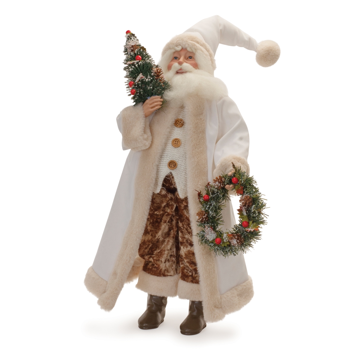 21.5 in. Polyester & Resin Santa Figurines with Tree & Wreath, White & Green