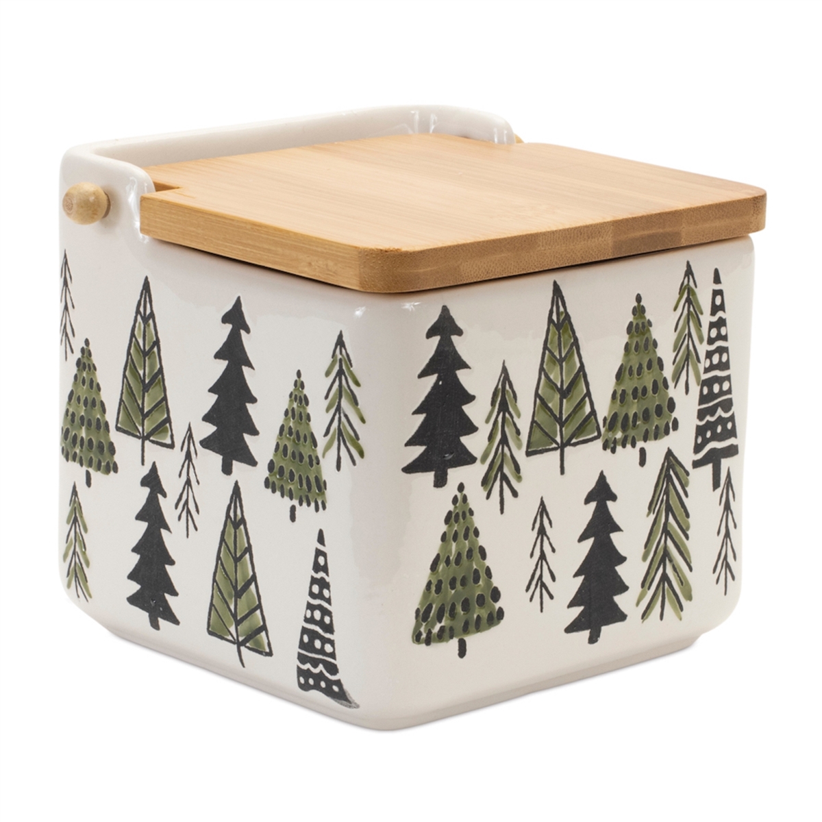 5 x 4.75 in. Ceramic Pine Tree Canister, Green, White & Beige