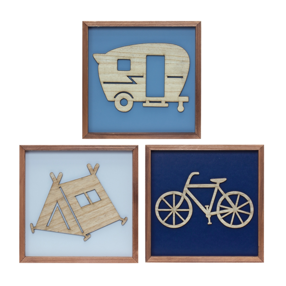 Picture of Melrose 85204DS 10 in. Square MDF & Wood Framed Tent&#44; Camper & Bike&#44; Blue & Brown - Set of 3