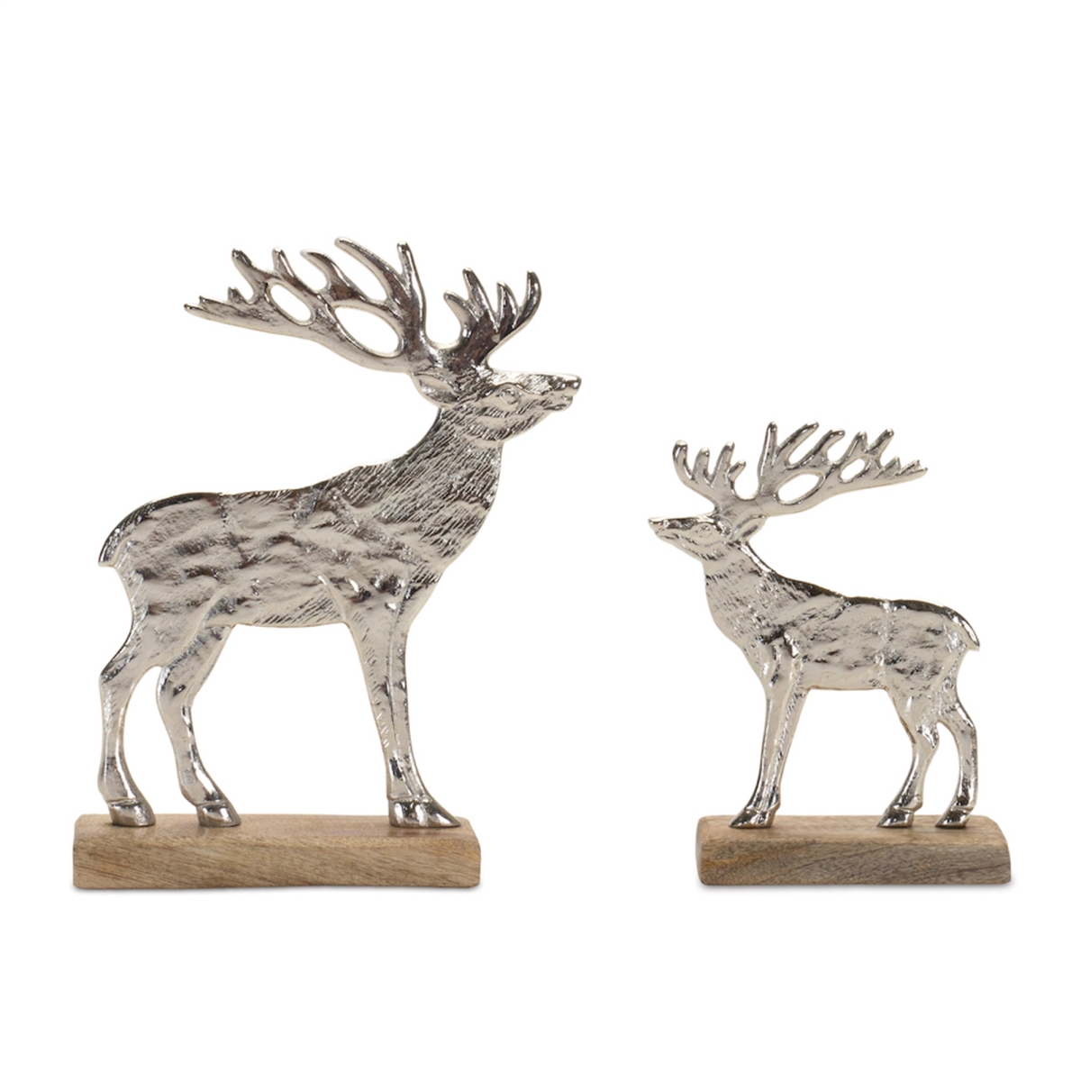 7 & 9.5 in. Deer on Base Figurine, Silver & Brown - Wood & Aluminum - Set of 2