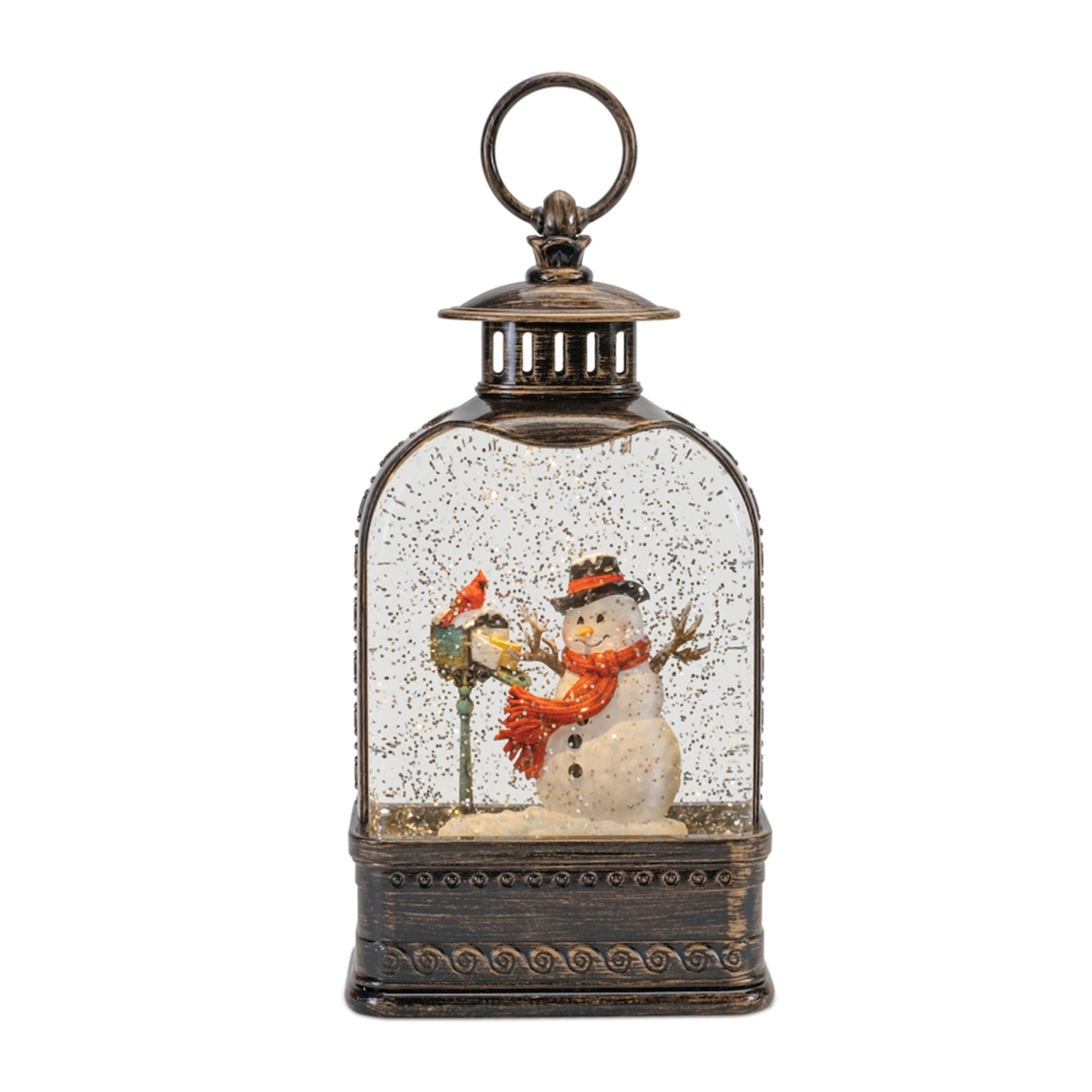 9.75 in. Plastic LED Snow Globe with Snowman 3 AA Batteries Not Included & USB Cord Included 6 Hr Timer - Bronze, Red & White