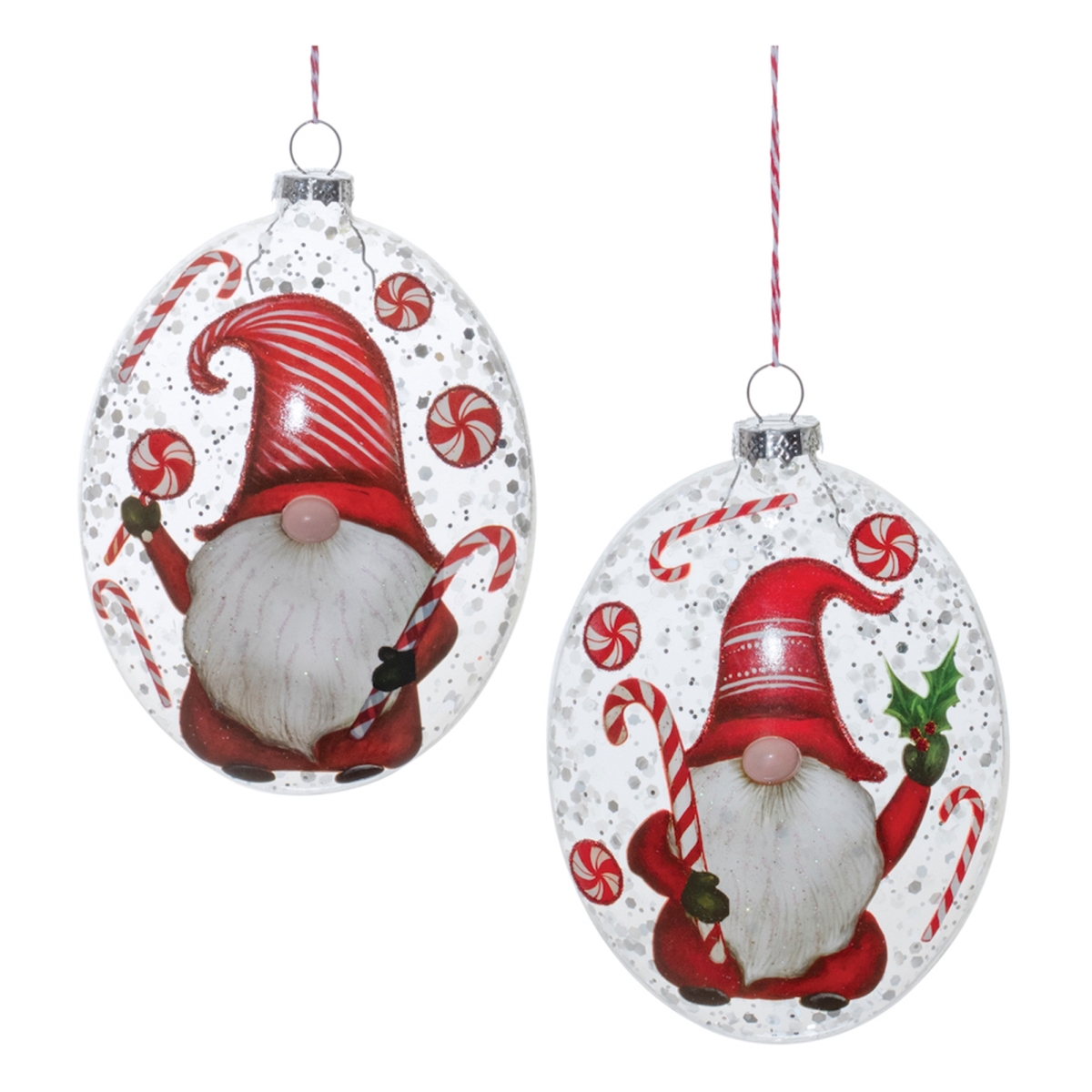 6 in. Gnome Disc Ornament, Red & White - Glass - Set of 12