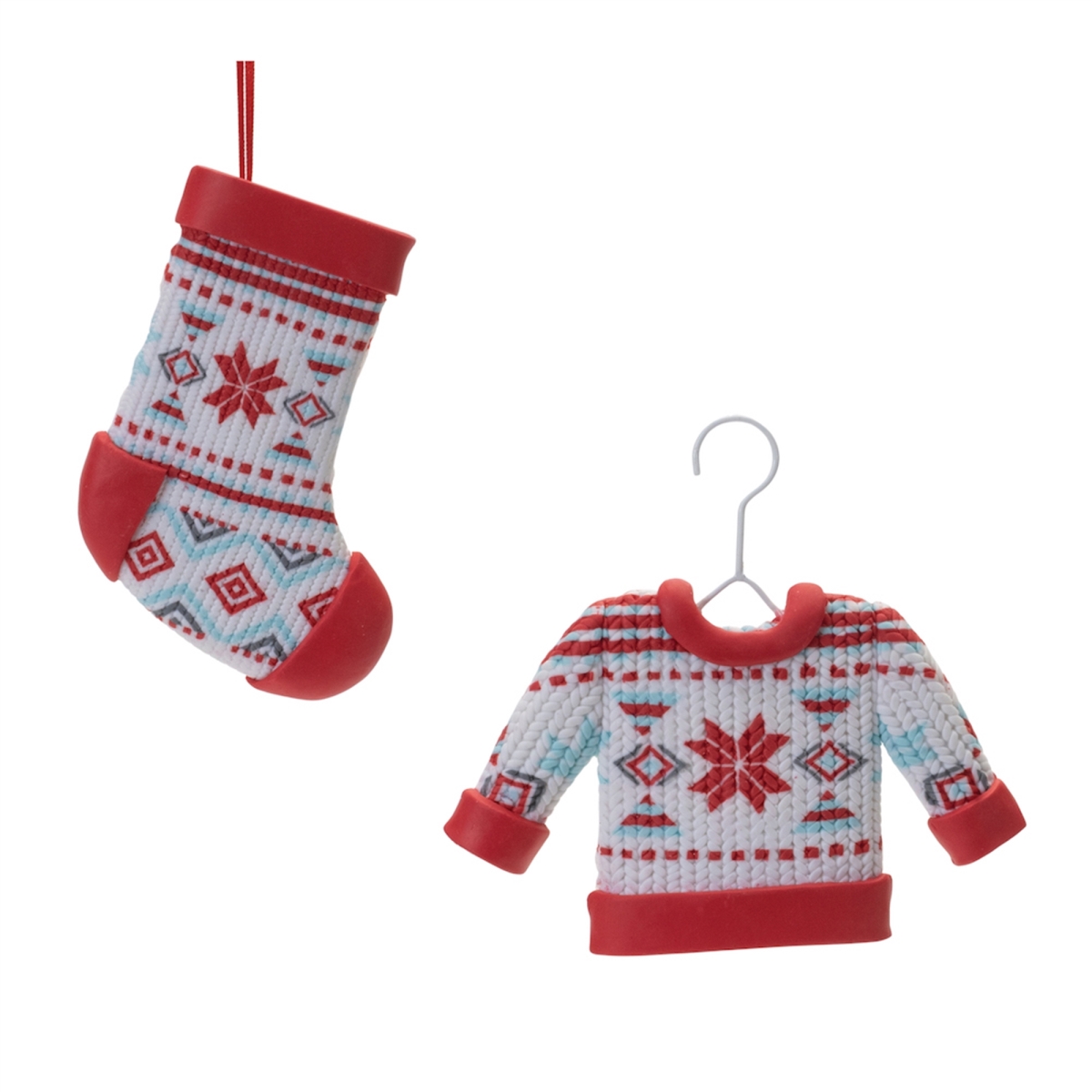 4.75 & 5 in. Plastic Stocking & Sweater Ornament, Red & White