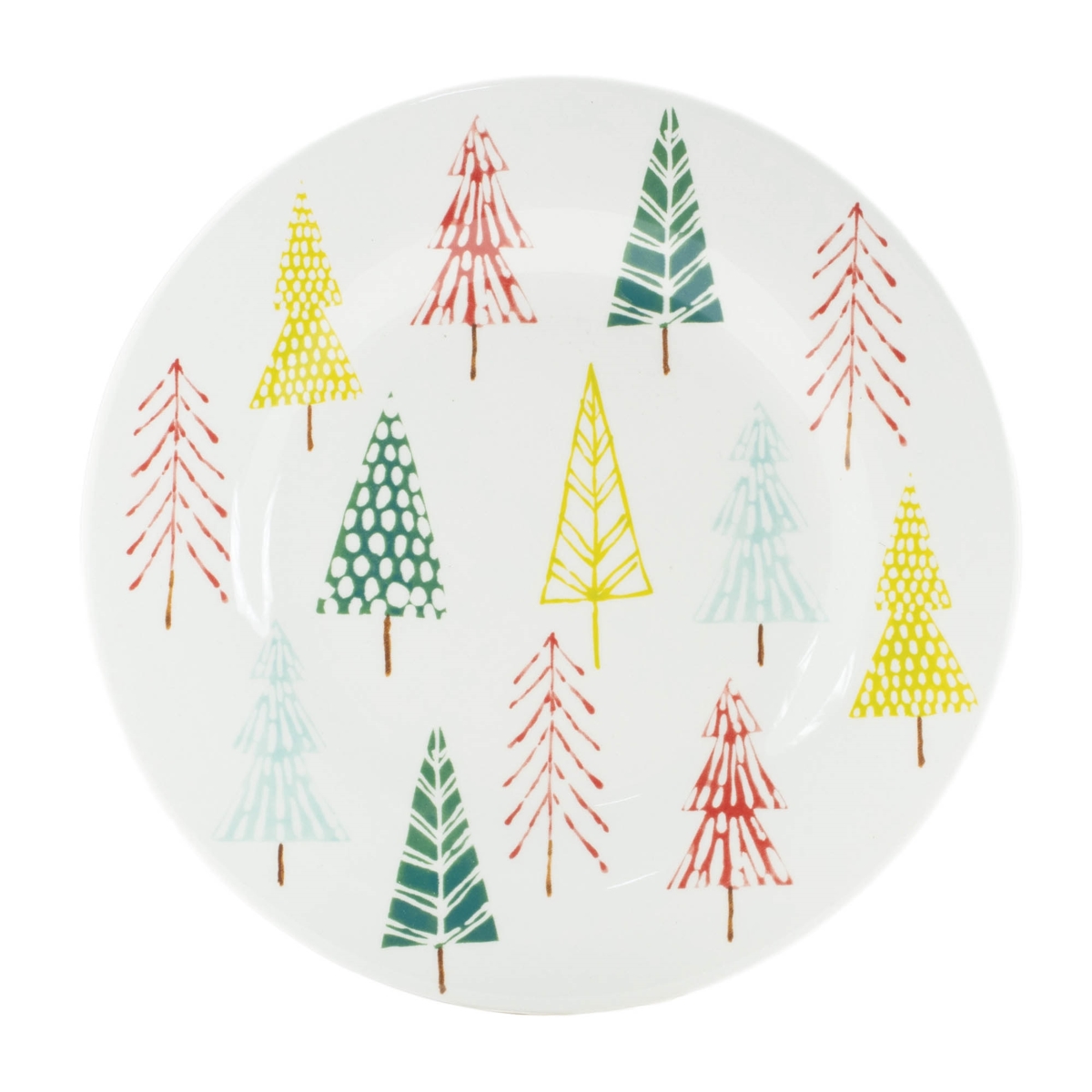 95492DS 8 in. Ceramic Plate with Tree Pattern, White, Green & Red - Set of 4