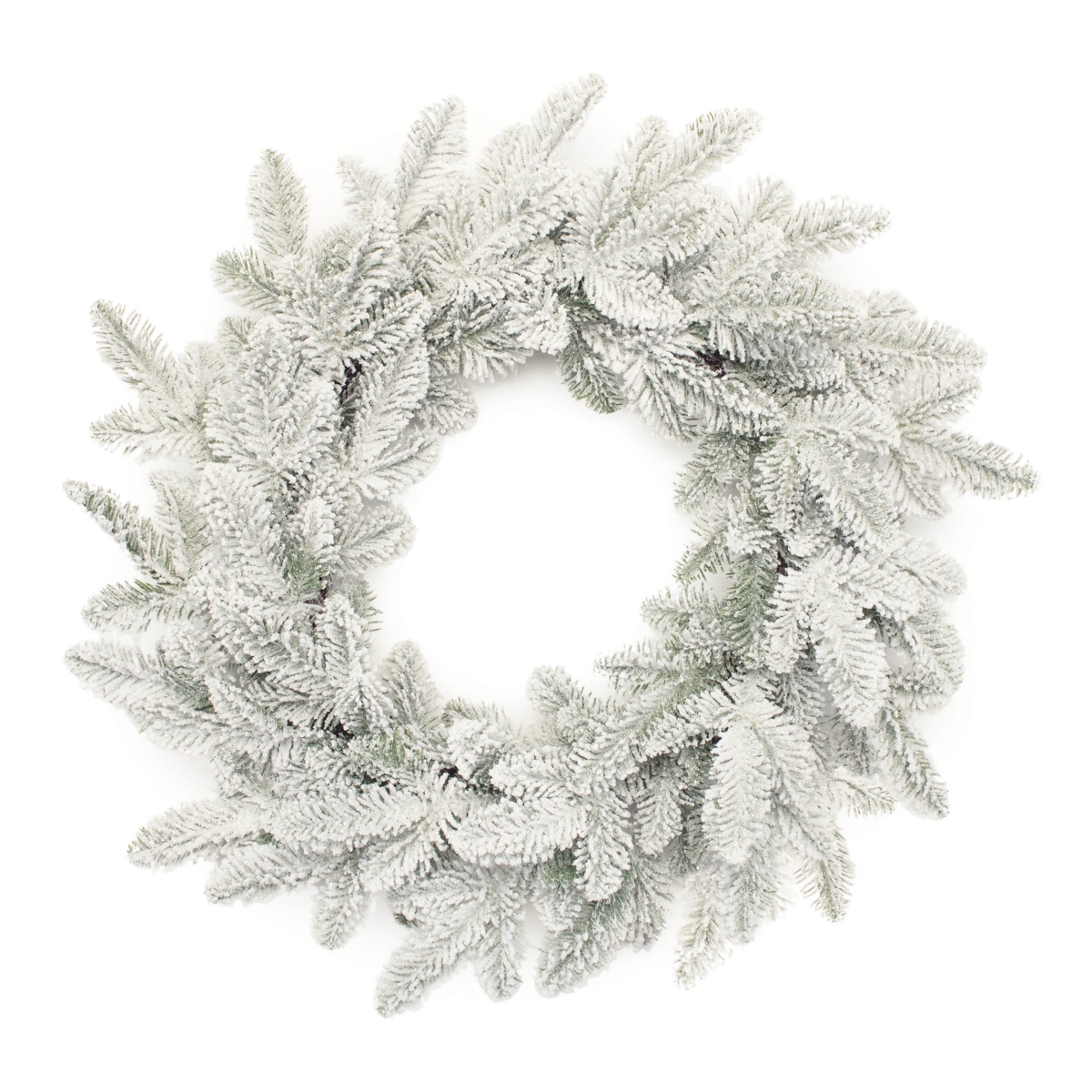 95368DS 24 in. Plastic Flocked Pine Wreath, White & Green