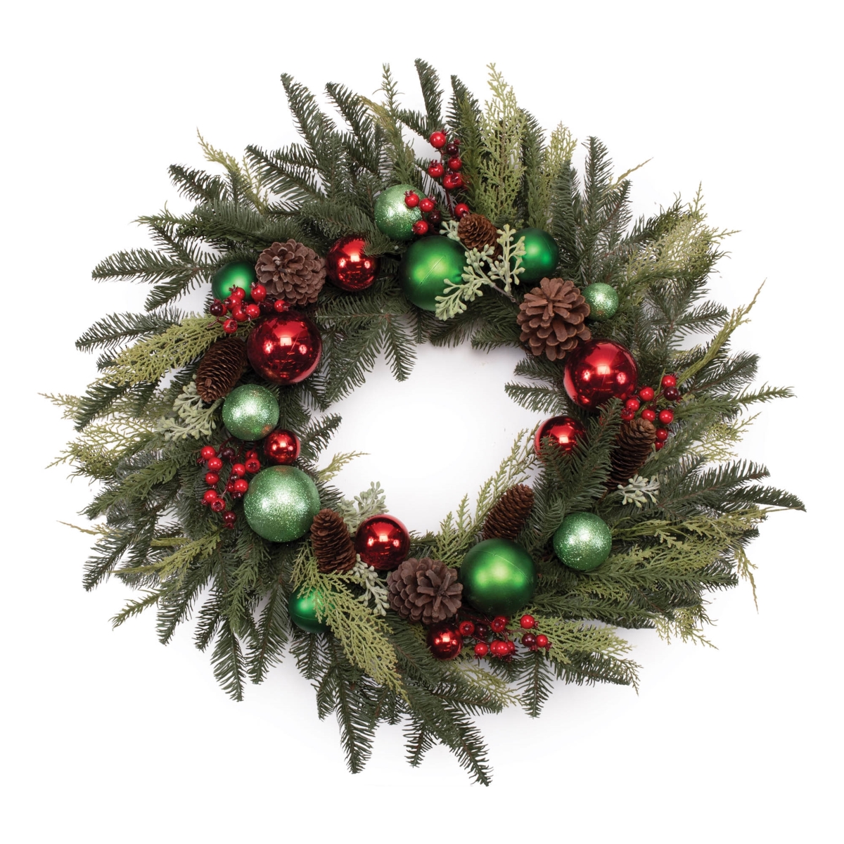 95778DS 28 in. Plastic Pine with Ornament Wreath, Green, Red & Blue