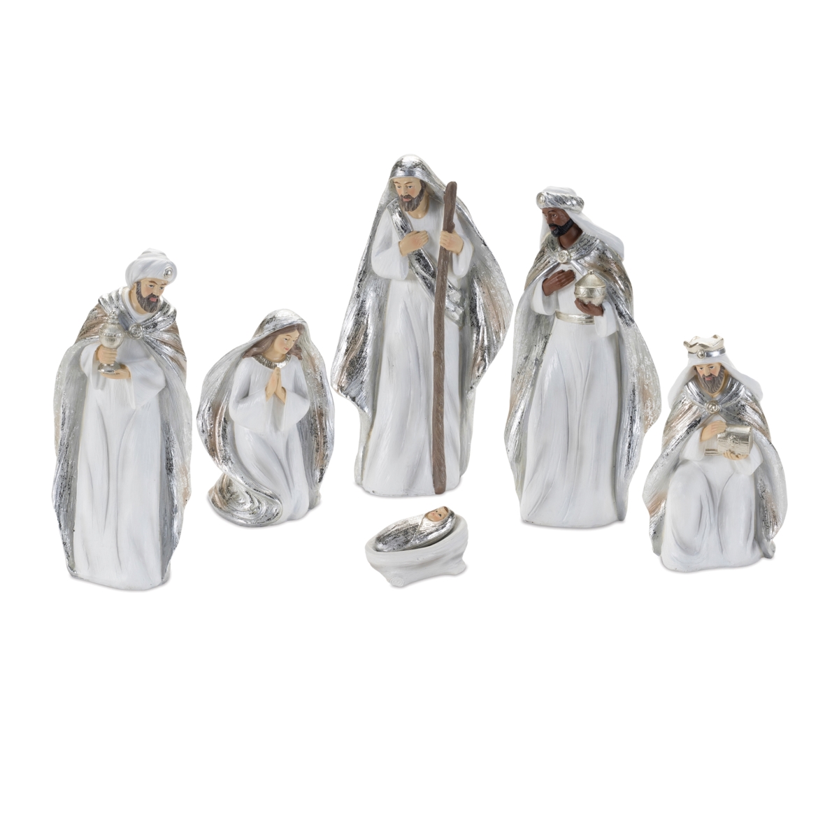 Elegant White & Silver Nativity Figurine Set - 1-9 in. - Set of 6 - Metallic Finish
