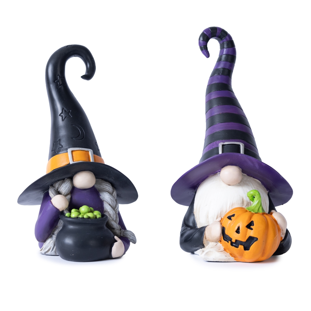 55958DS Witch Gnome Figurine, Black, Orange & Purple - Set of 2