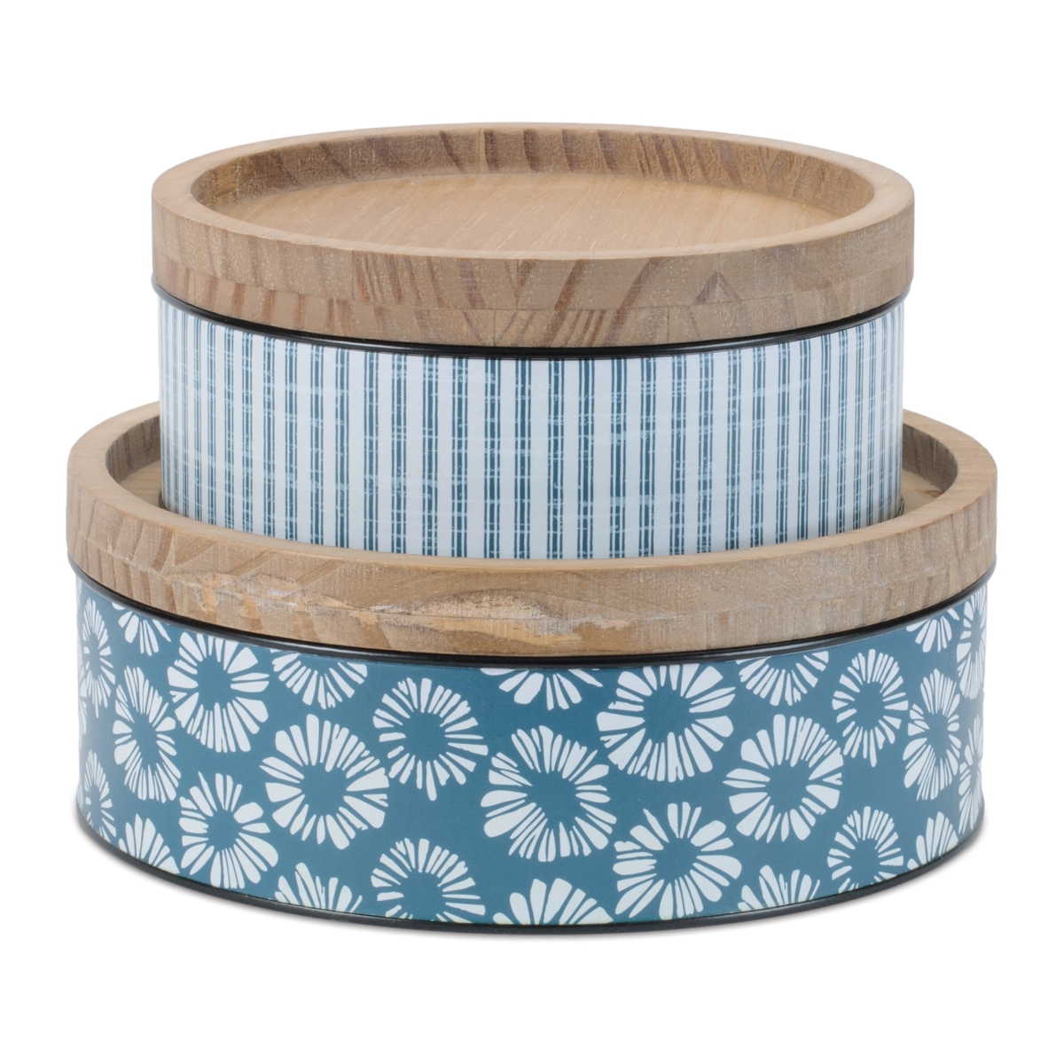 Picture of Melrose 96297DS 9 x 3.75 in.&#44; 11 x 4.25 in. Iron & Wood Canister&#44; Blue & White - Set of 2