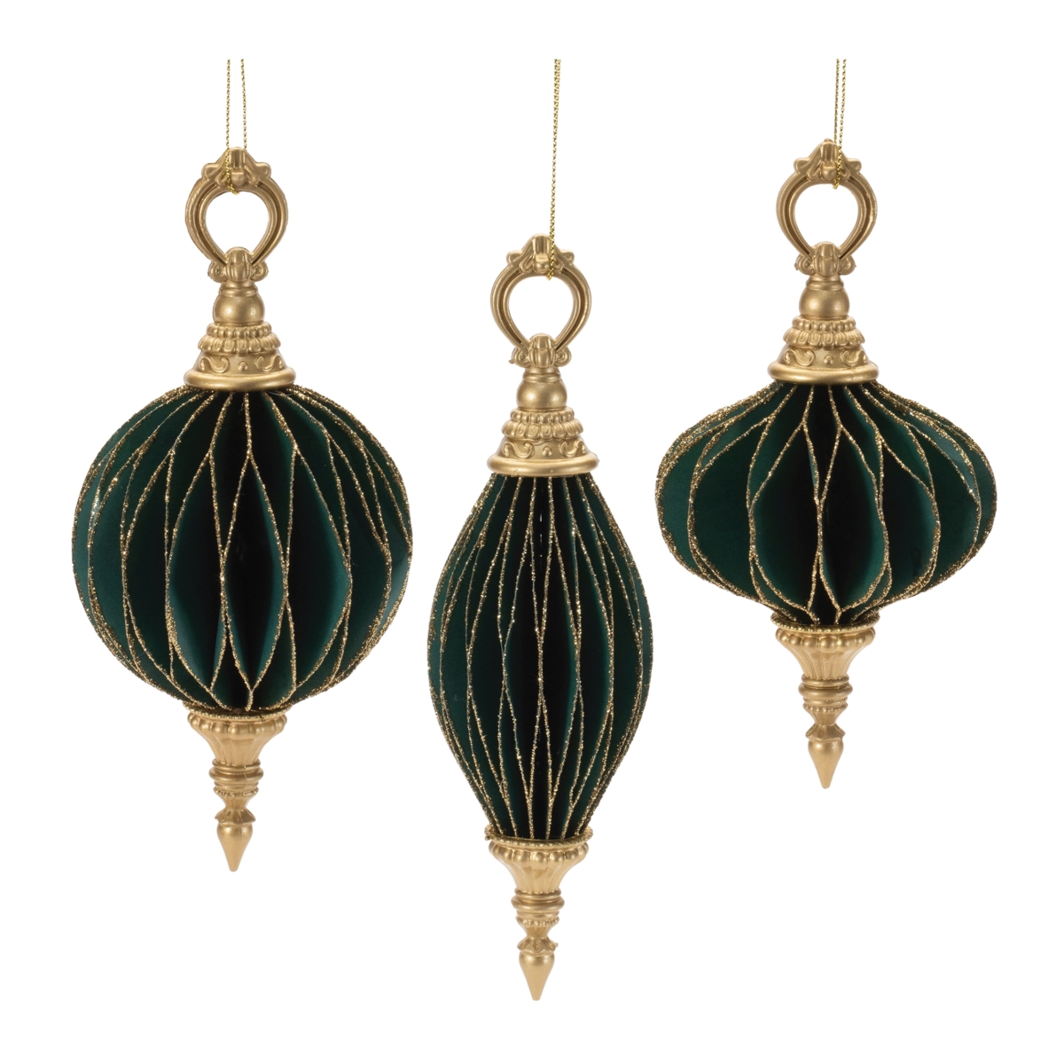 Glittered Paper & Plastic Ornaments - Green & Gold - Set of 6 - Elegant Design