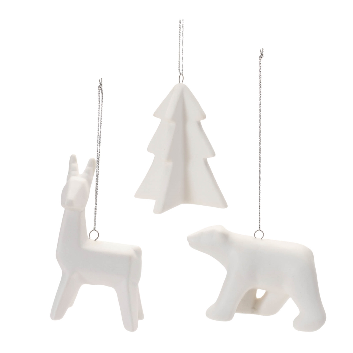 95077DS 2 & 3.25 & 3.5 in. Ceramic Deer & Bear & Tree Ornament, White - Set of 6