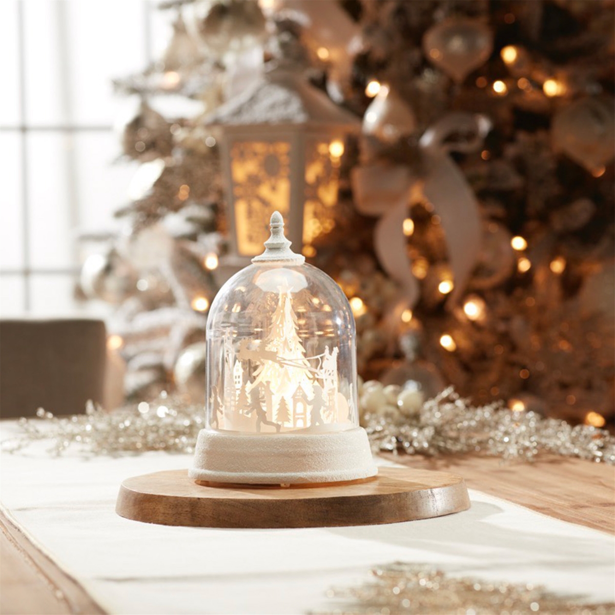 Picture of Melrose 94605DS 8.5 in. Plastic 3 AA Batteries Not Included & USB Cord Included 6 Hour Timer LED Rotating Globe with Santa & Sleigh&#44; White