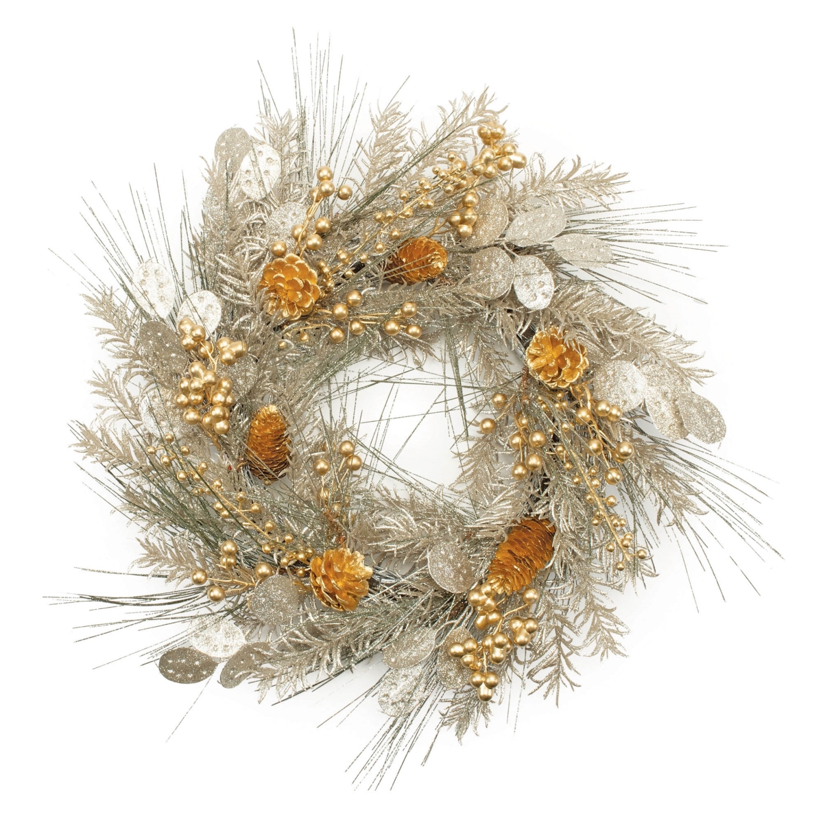 95366DS 20 in. Plastic Mixed Pine & Berry Wreath, Gold & Gray