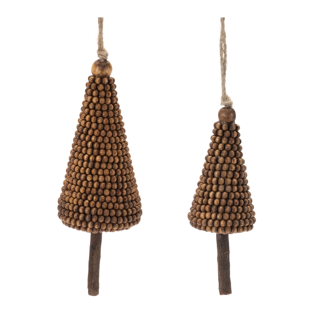94397DS 5 & 7 in. Plastic & Wood Beaded Tree Ornament, Brown - Set of 4