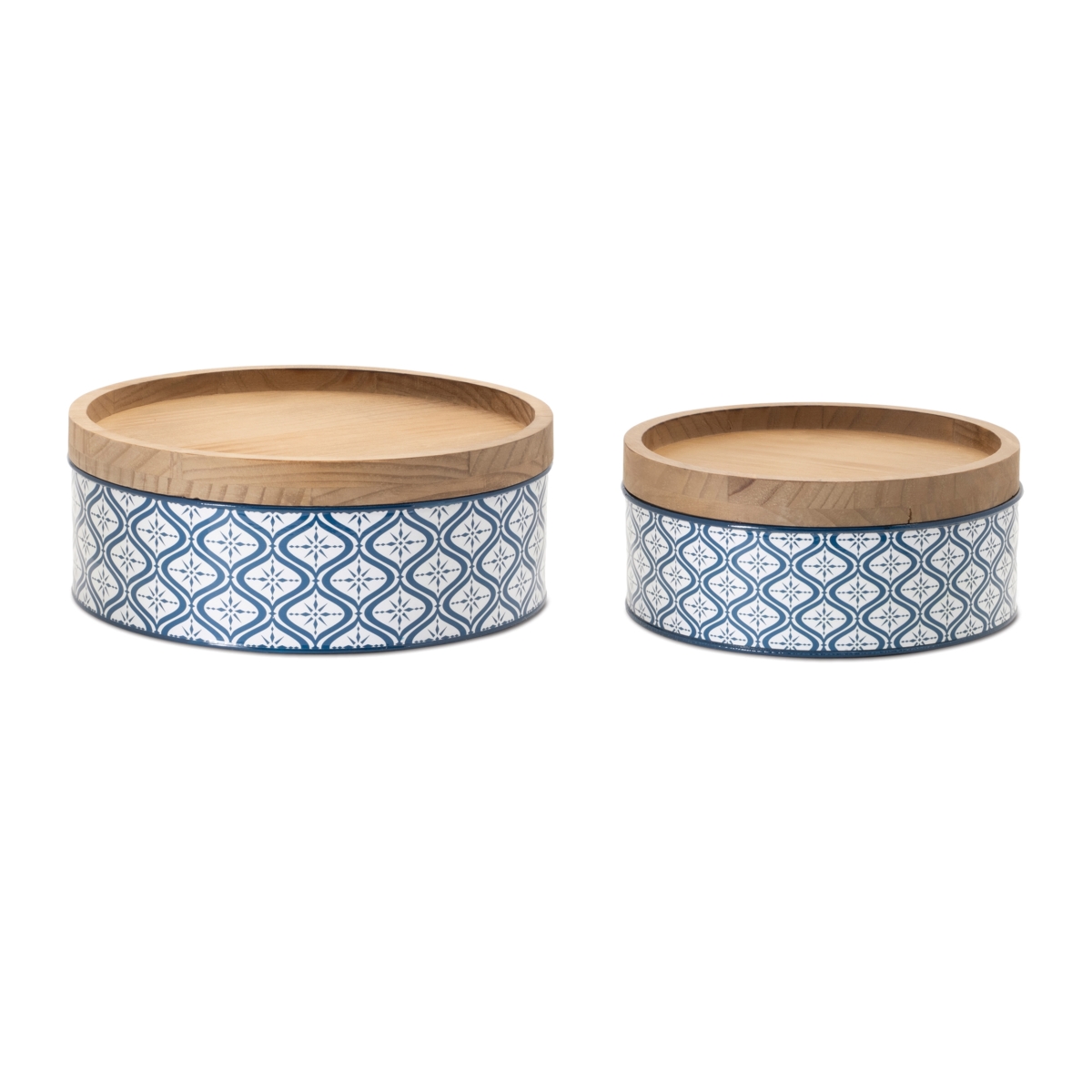 Picture of Melrose 94471DS 9 x 4 in.&#44; 11 x 4.25 in. Iron & Wood Canister&#44; Blue & White - Set of 2