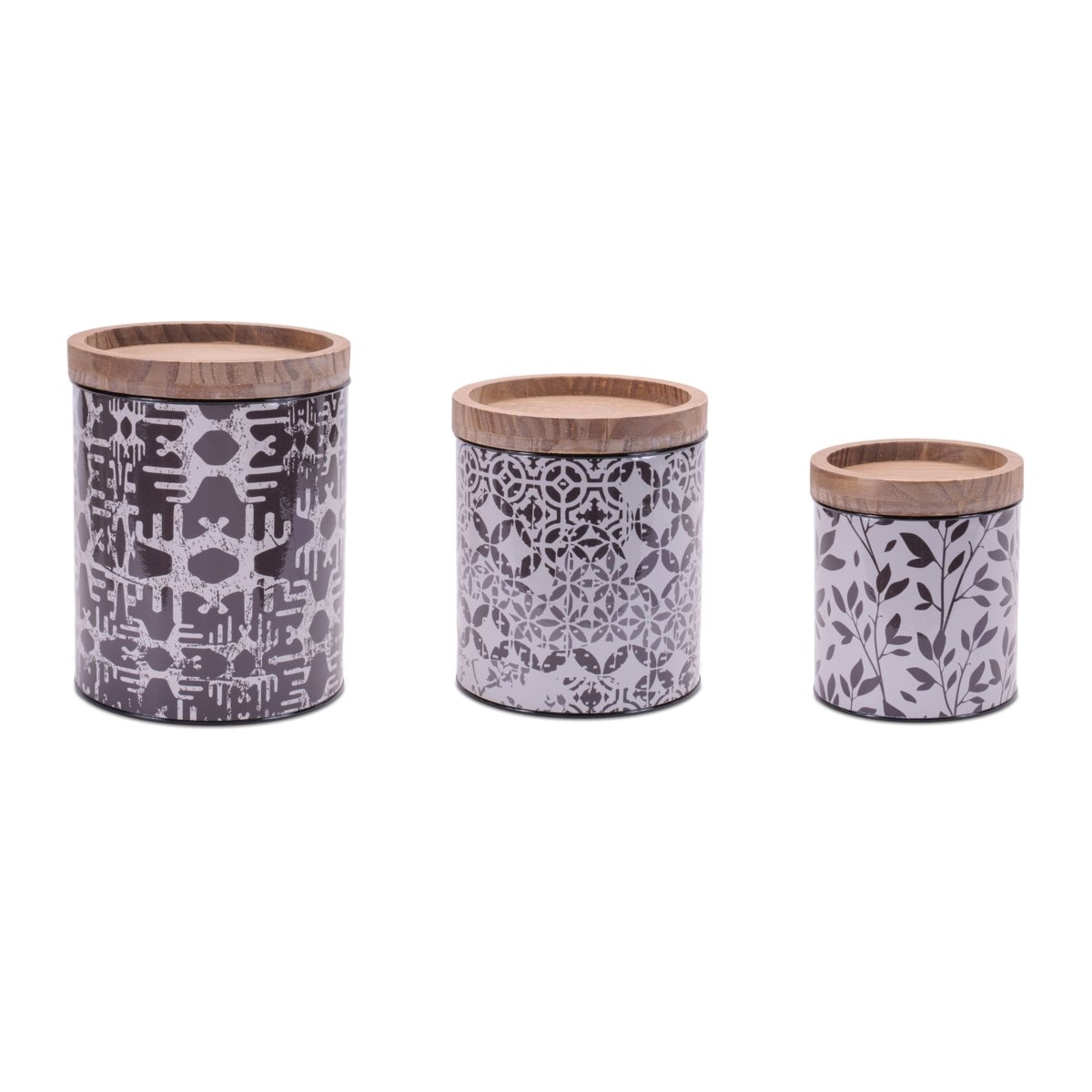 Picture of Melrose 96237DS 6 x 6.75 in.&#44; 7 x 8.5 in.&#44; 8 x 10 in. Iron & Wood Canister&#44; Black & White - Set of 3